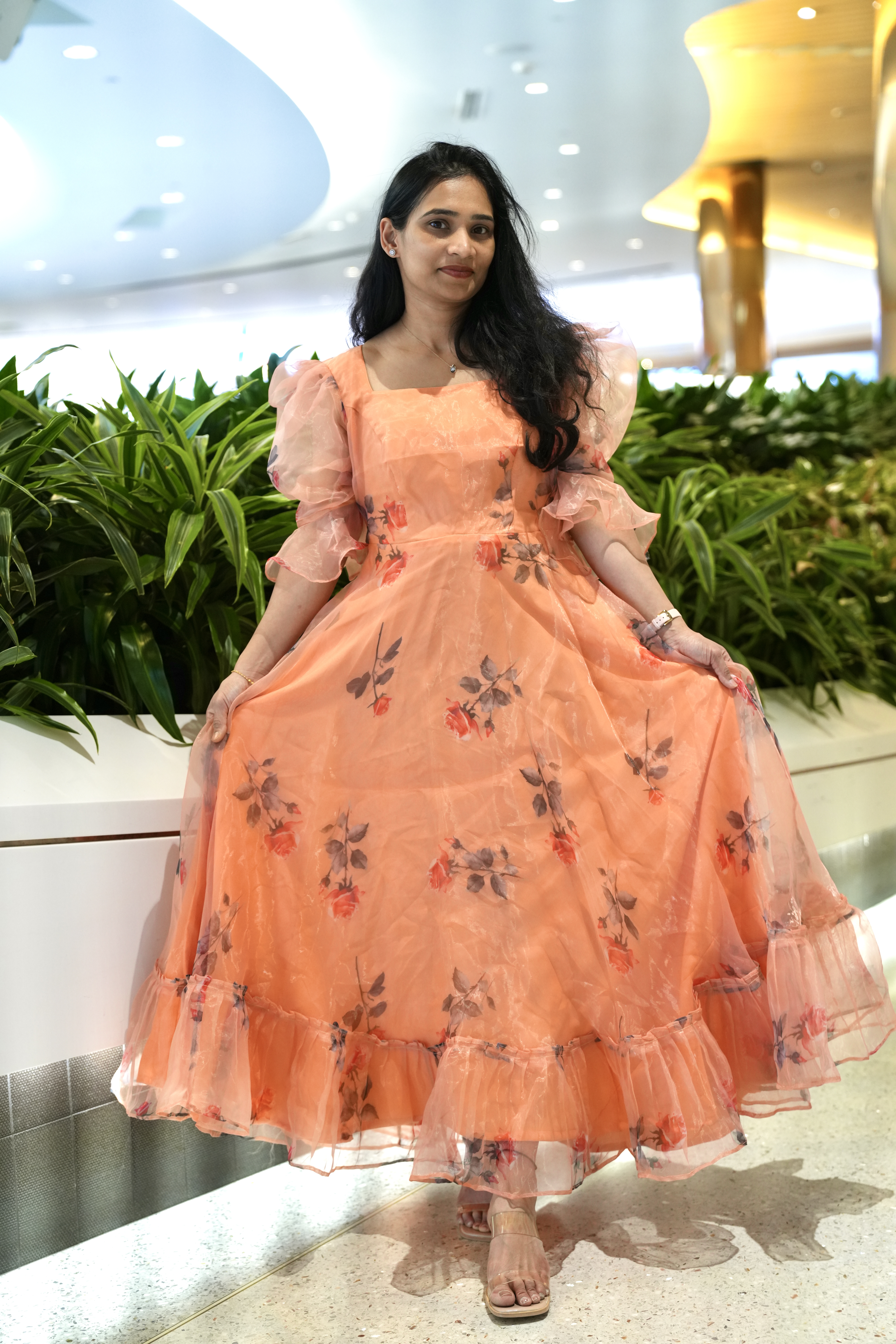 Orange Floral Organza Summer Frock