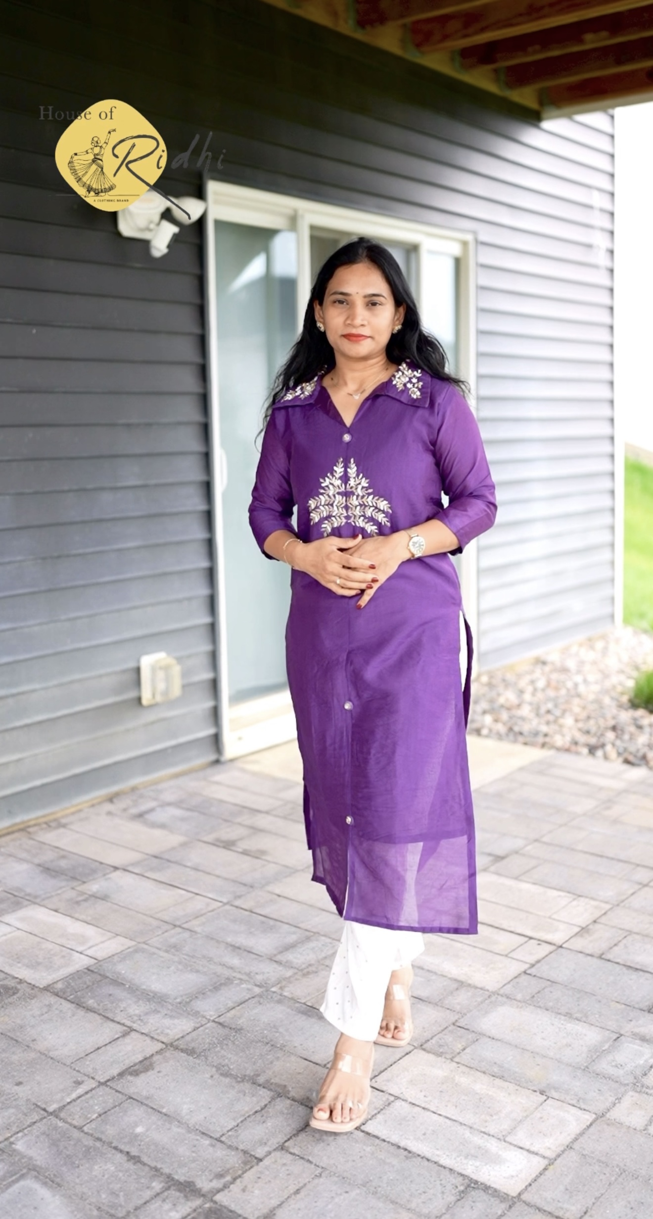 Purple Zardosi Top with White Gold-Dot Pants – 2-Piece Co-ord Set