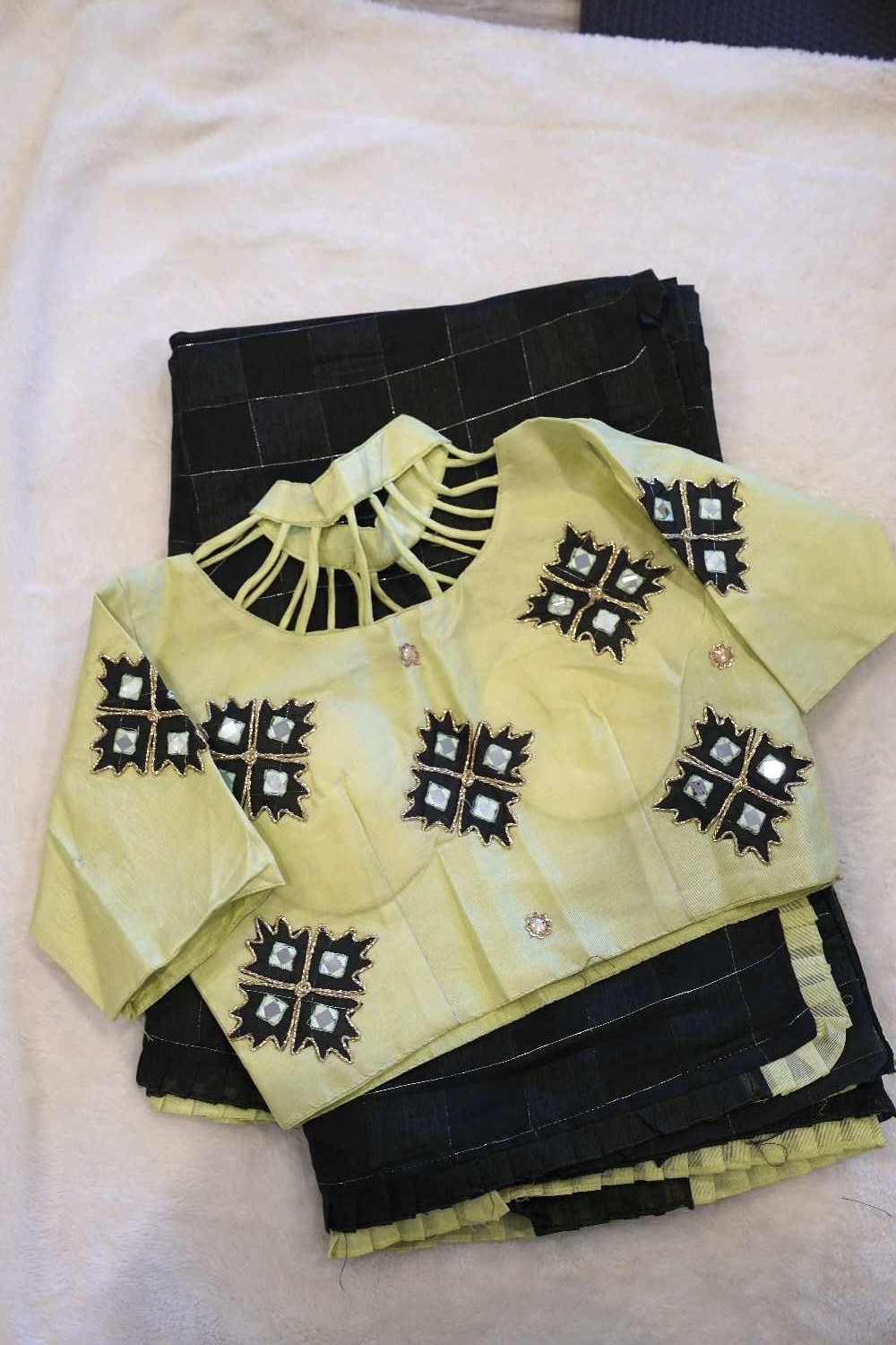 Dark Bottle Green & Lime Green Saree with Silver Checks