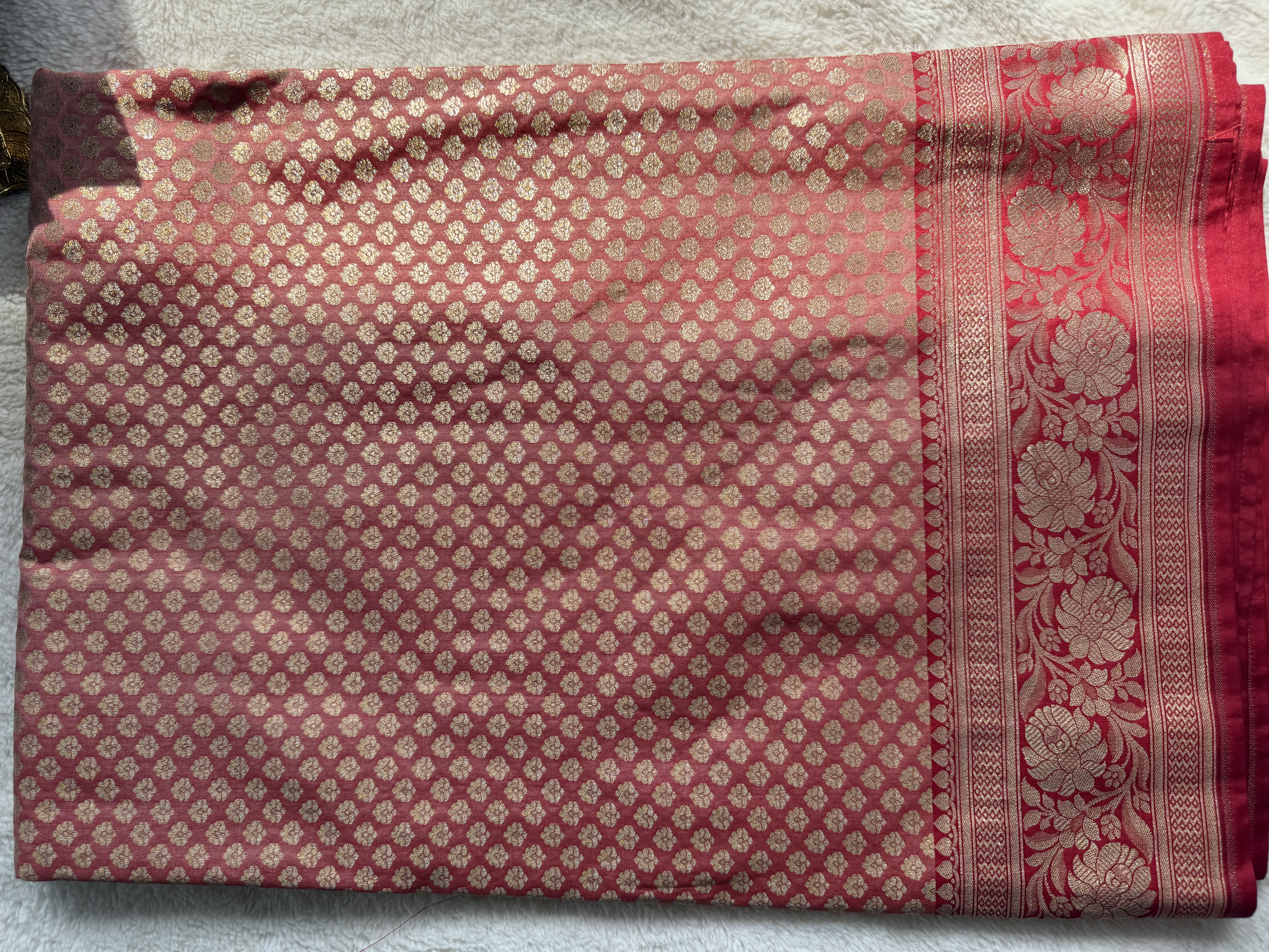 Banarasi Katan Silk Saree – Peach Buttis with Red Border