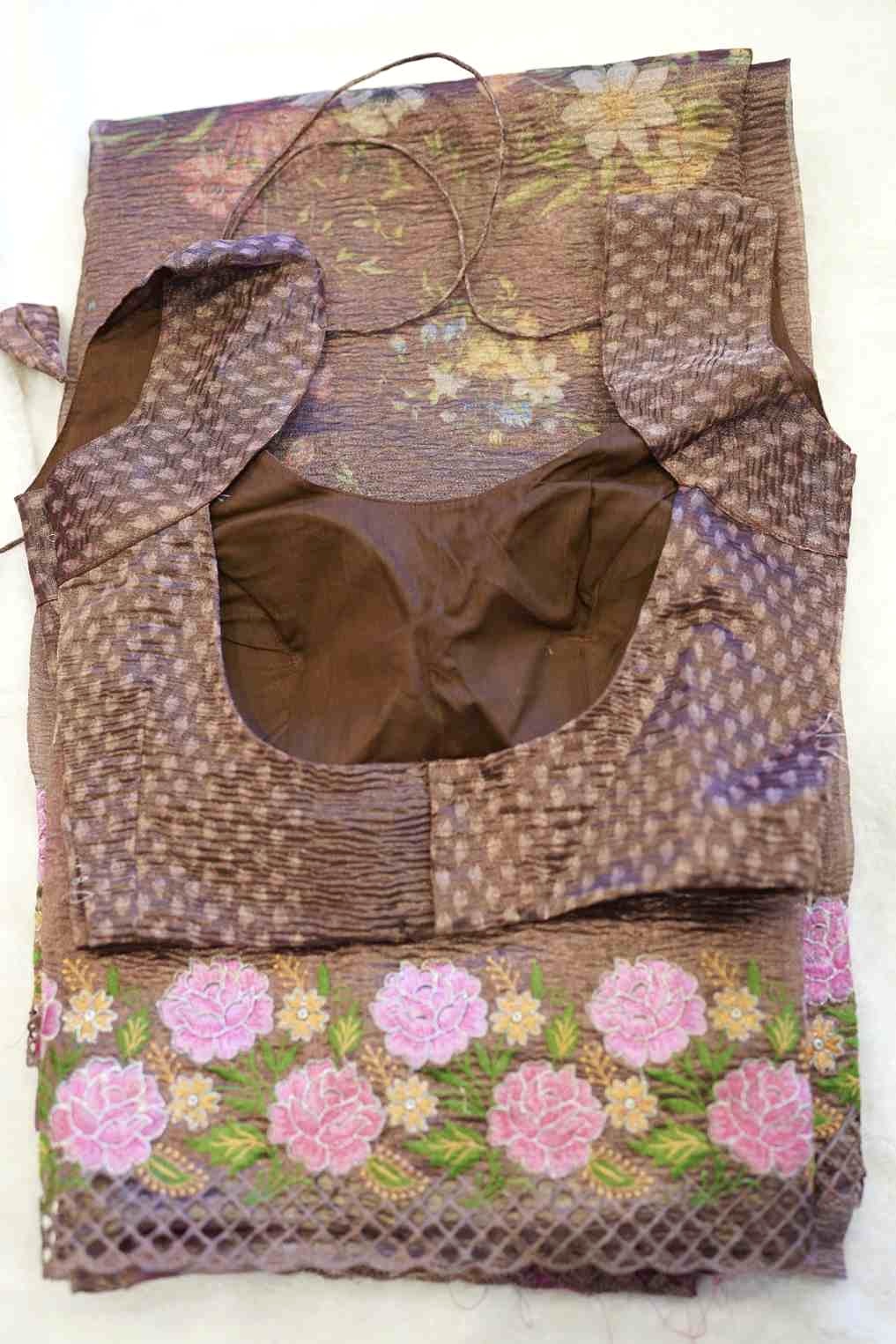 Chocolate Brown Crushed Tissue Saree with Cutwork Border & Crochet Floral Detailing