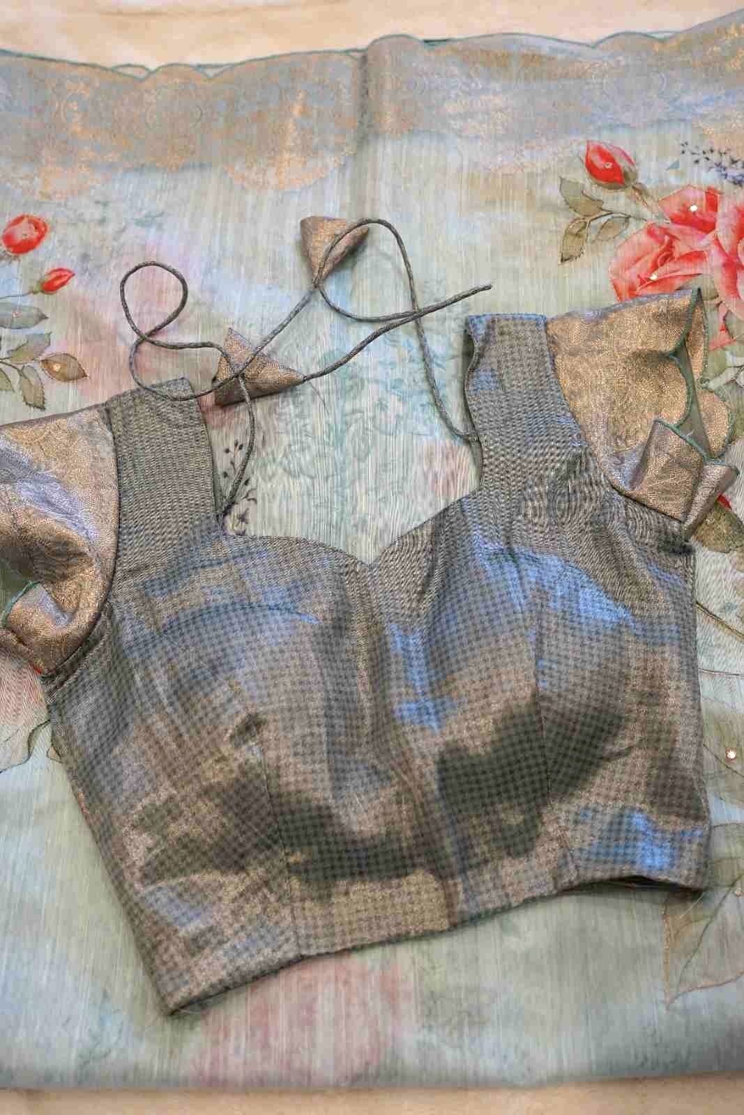 Baby Blue Tussar Mix Saree with Coral Floral Zari & Pearl Work