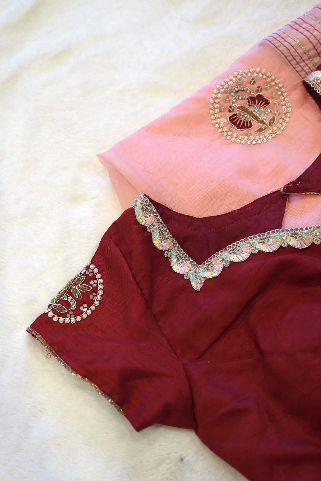 Blush Pink & Maroon Silk Saree with Hand Embroidered Detailing