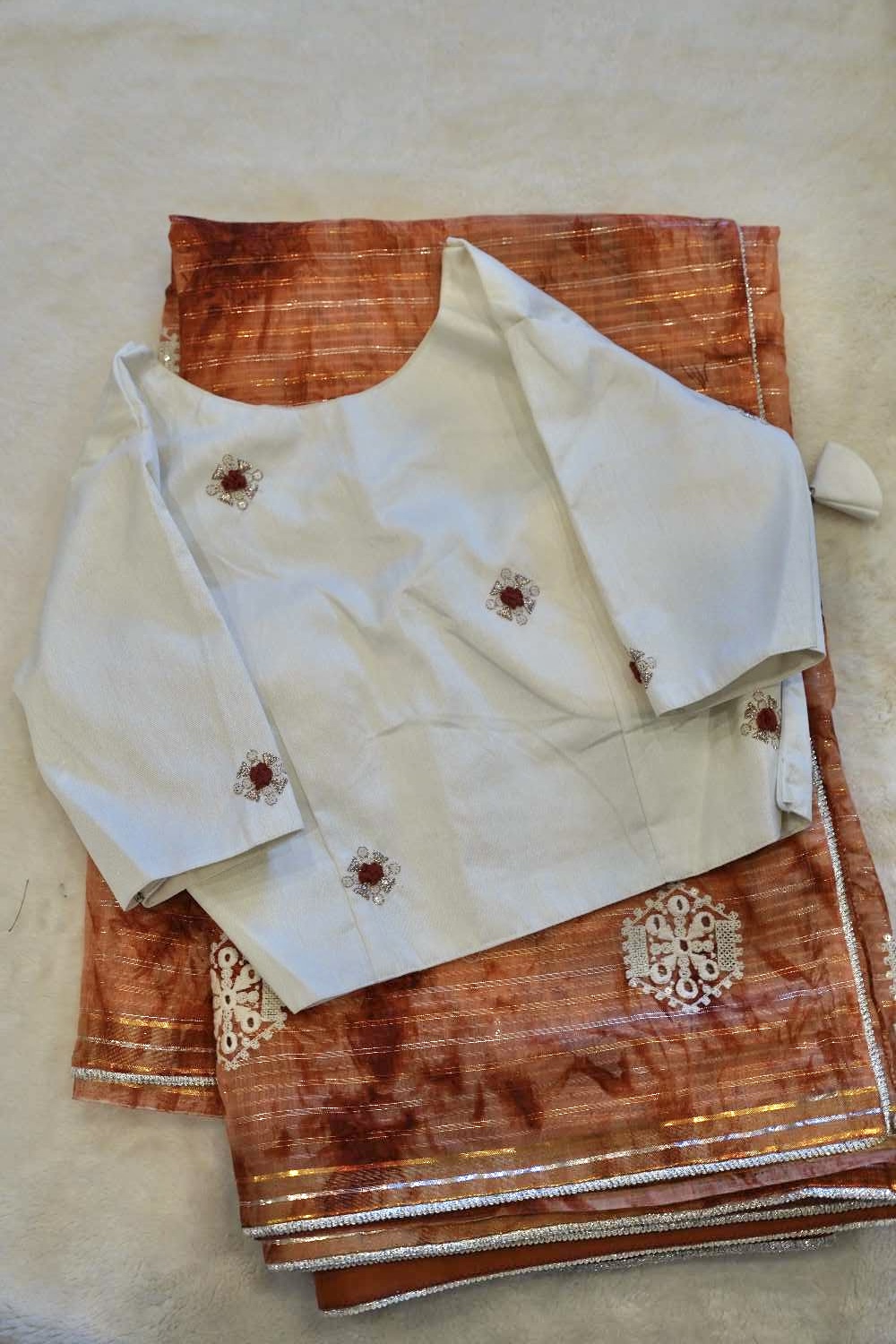 Brown Shibori Cotton Blend Saree with White Blouse