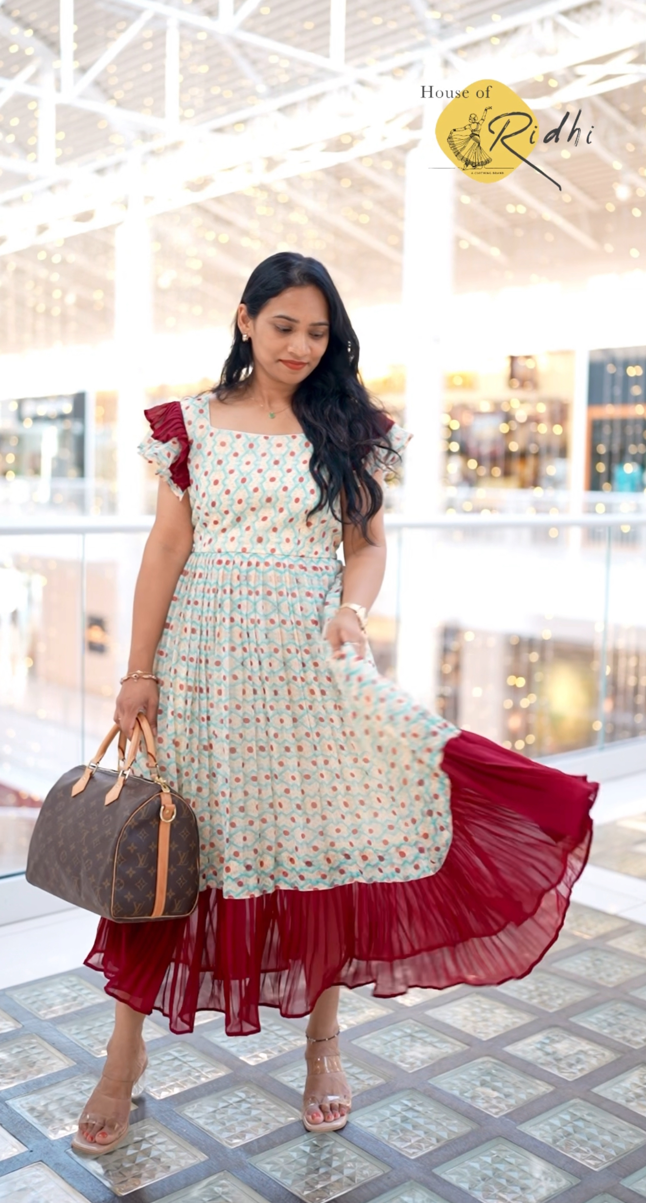 Light mint green Printed Frock with Wine Red Ruffle Hem