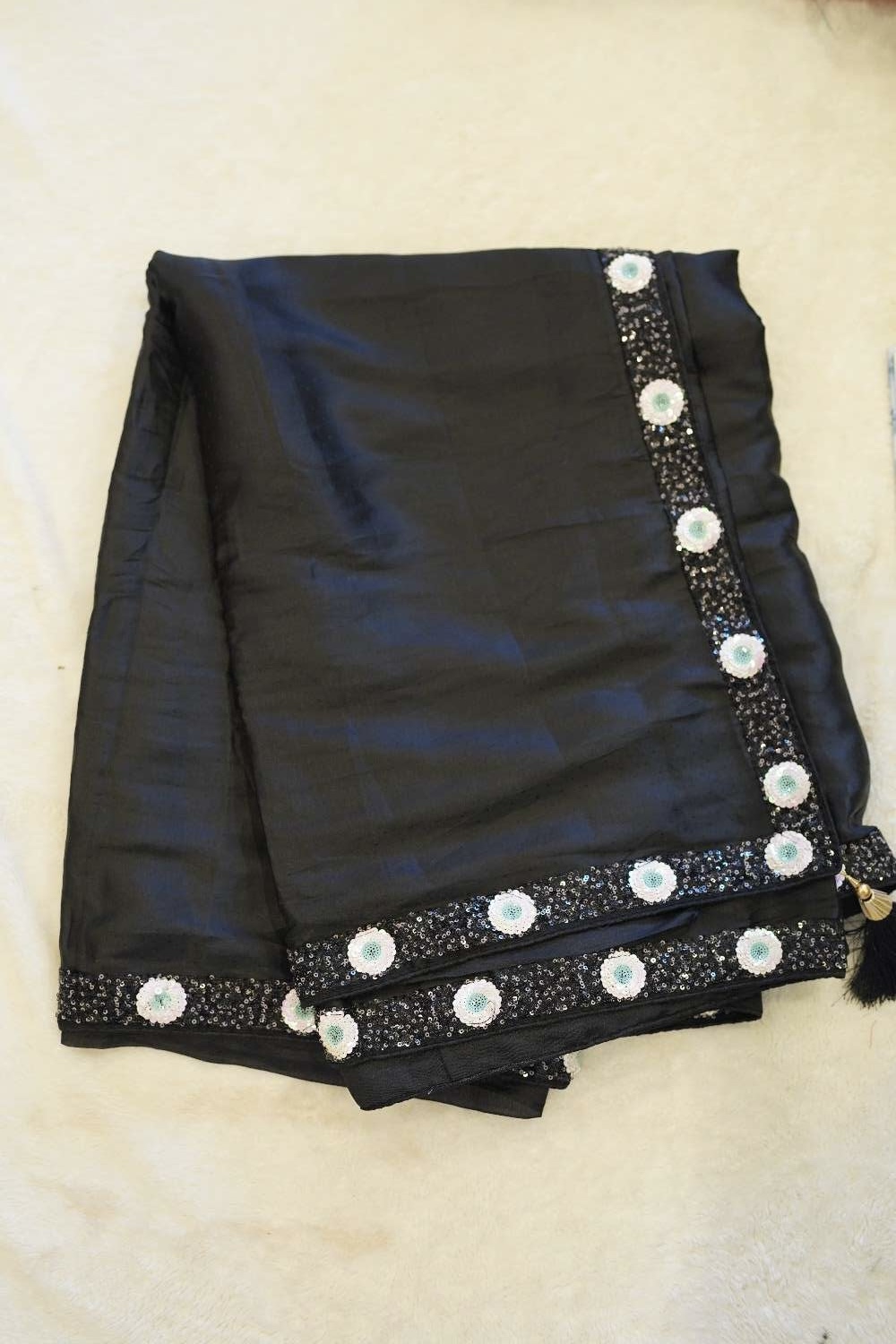 Black Sequin Cocktail Saree with Ruffle Sleeve Blouse