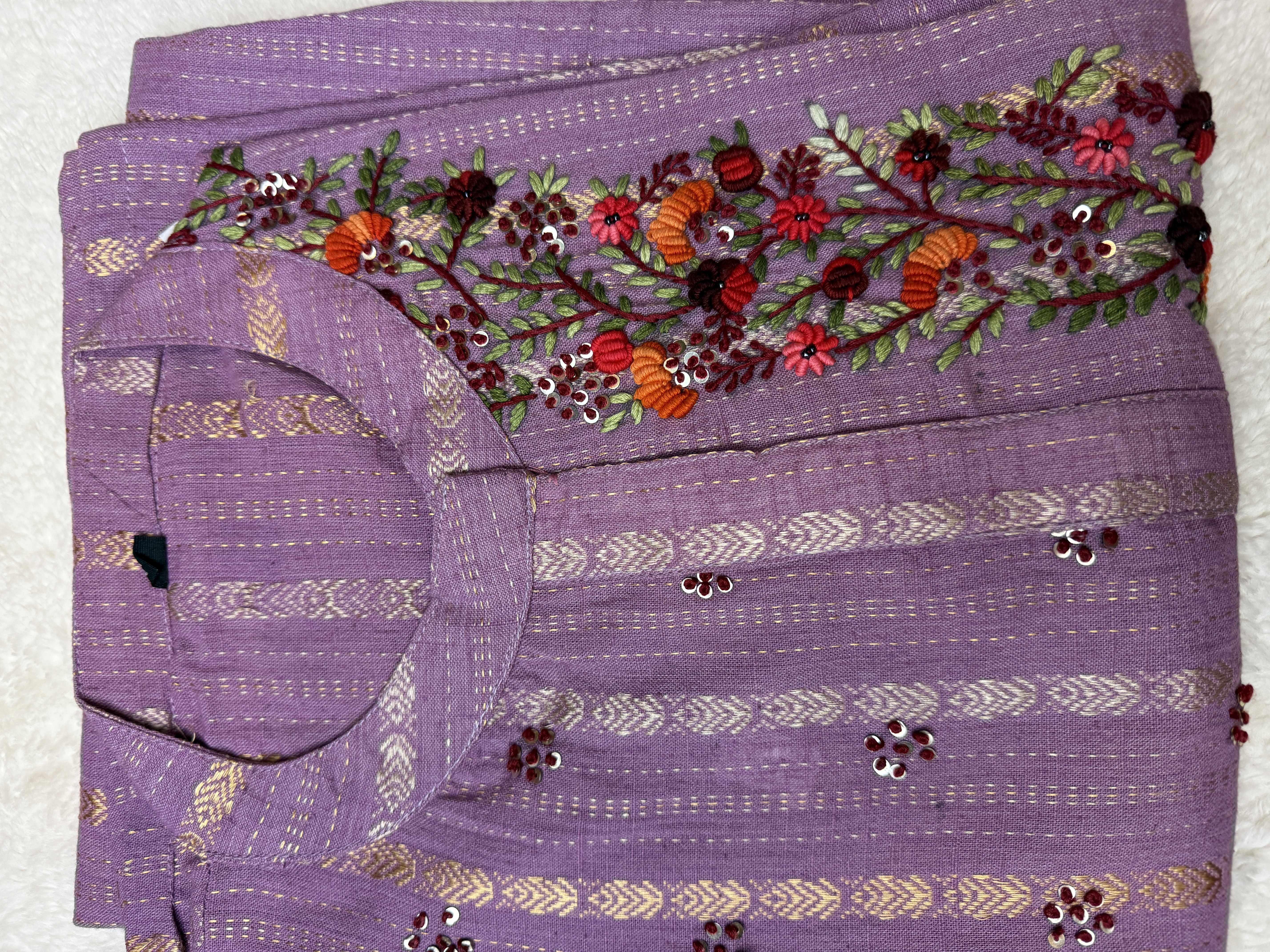 Pure Organic Cotton Hand Embroidered Lavender Kurti