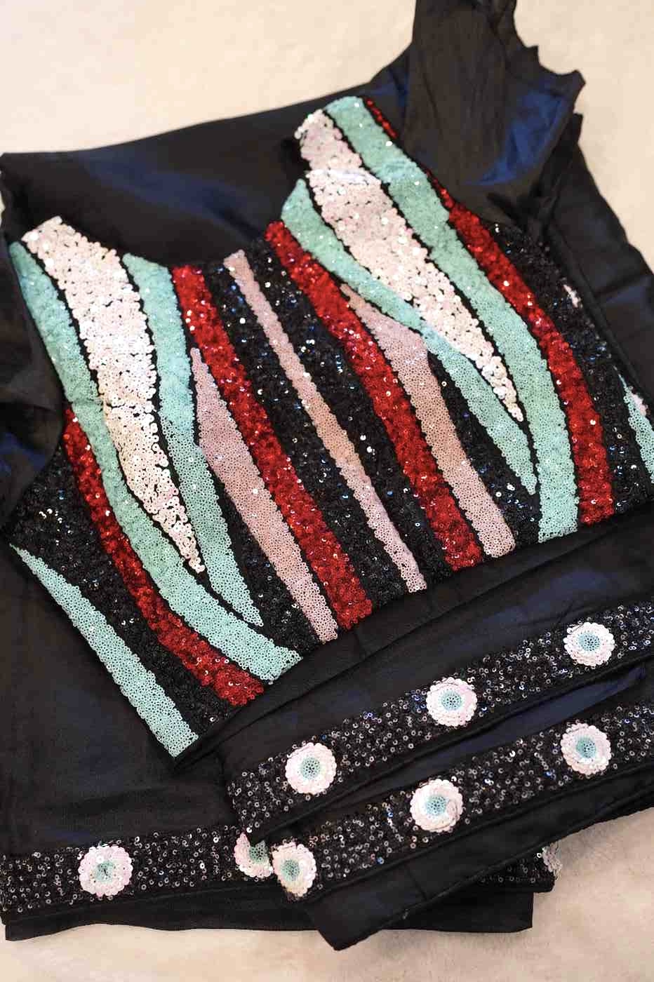 Black Sequin Cocktail Saree with Ruffle Sleeve Blouse