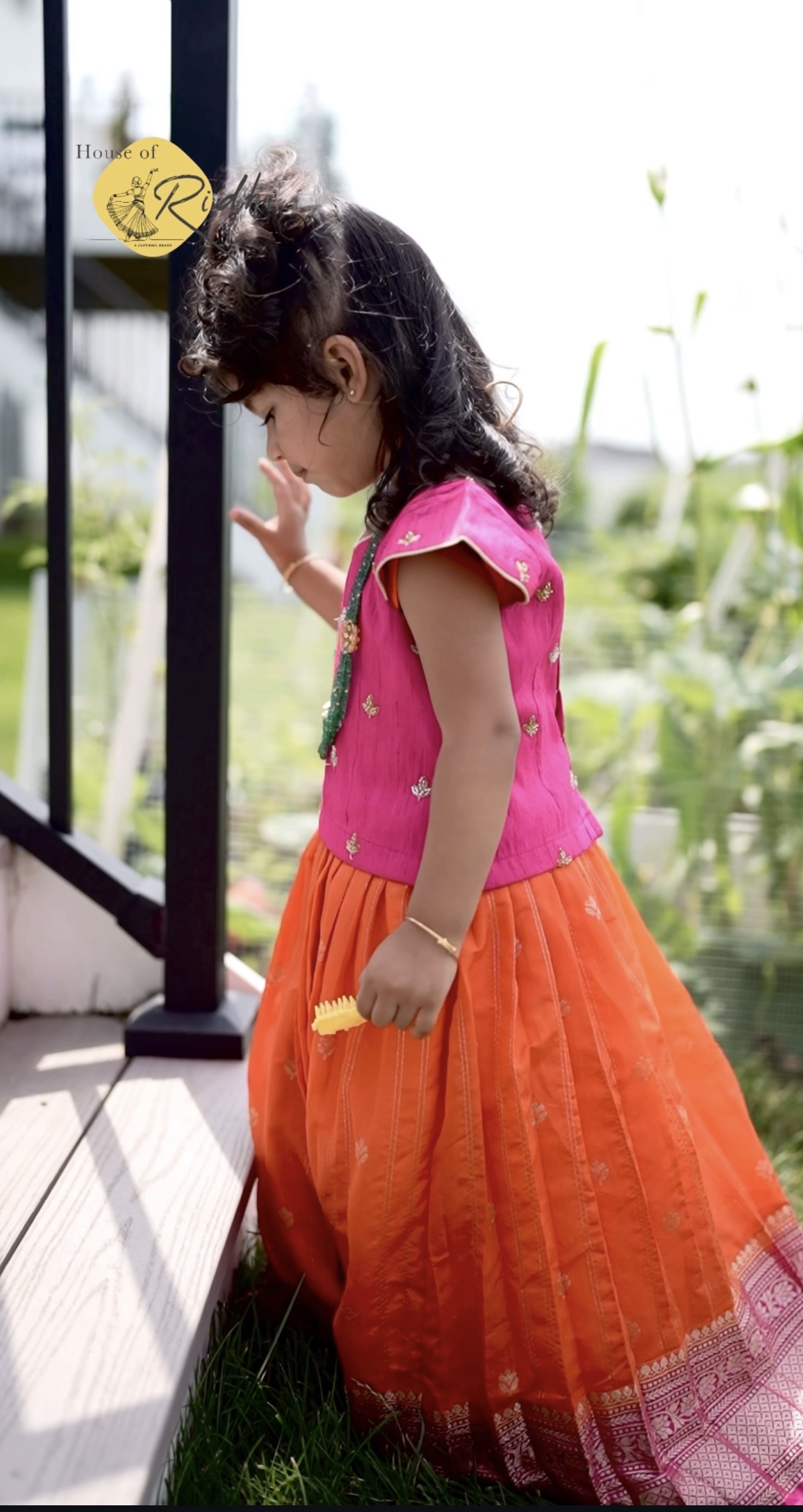 Rani Pink Raw Silk Top with Orange Semi-Kanchi Pavada 