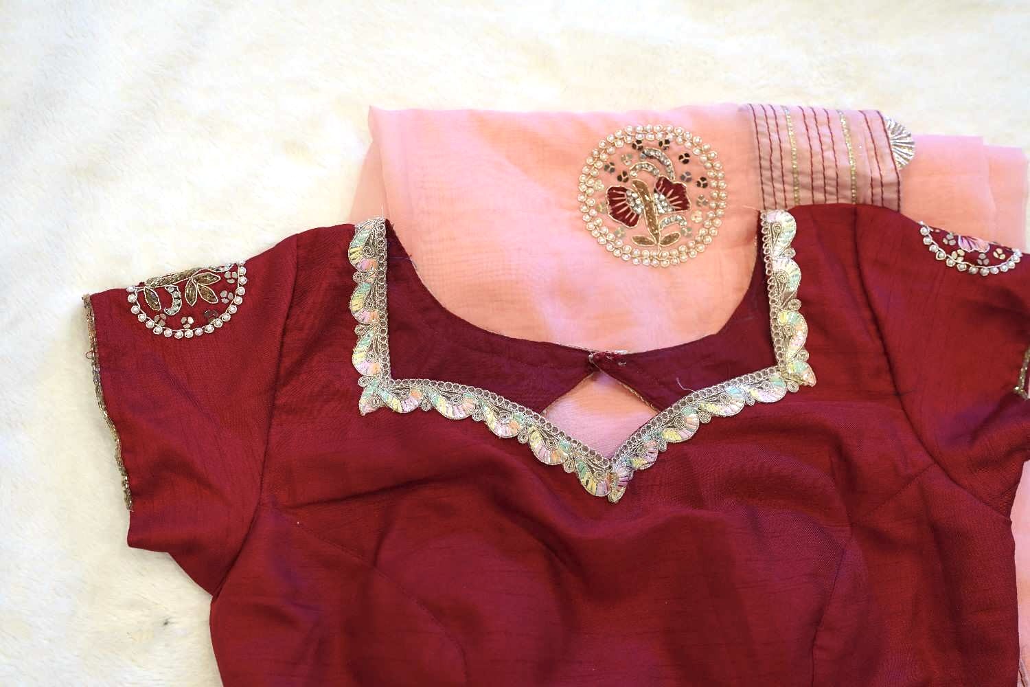 Blush Pink & Maroon Silk Saree with Hand Embroidered Detailing