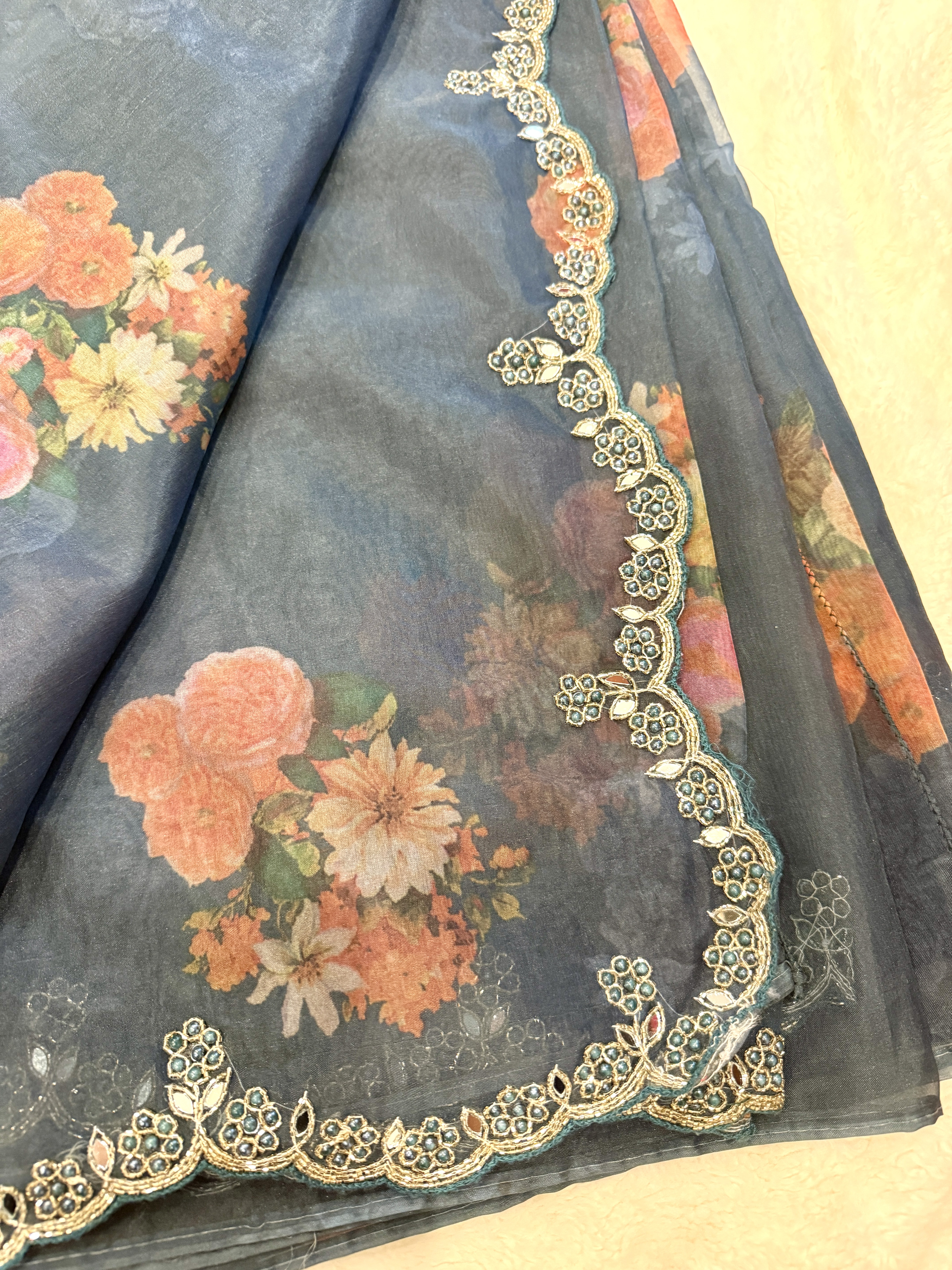 🌸 Teal Bloom Mirror Work Saree 🌸