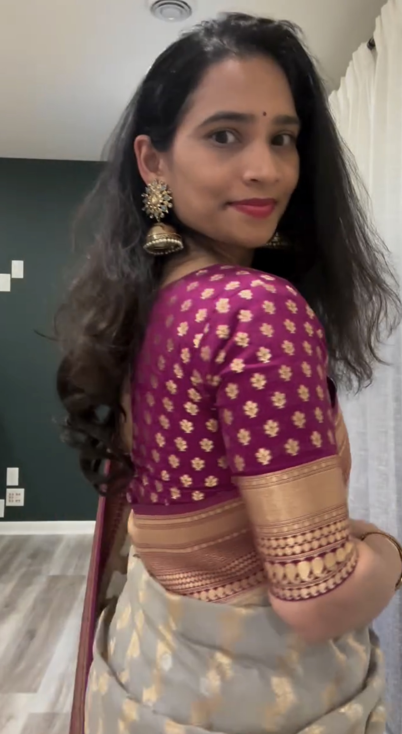 Silver Banarasi Silk Saree with Plum Contrast Blouse