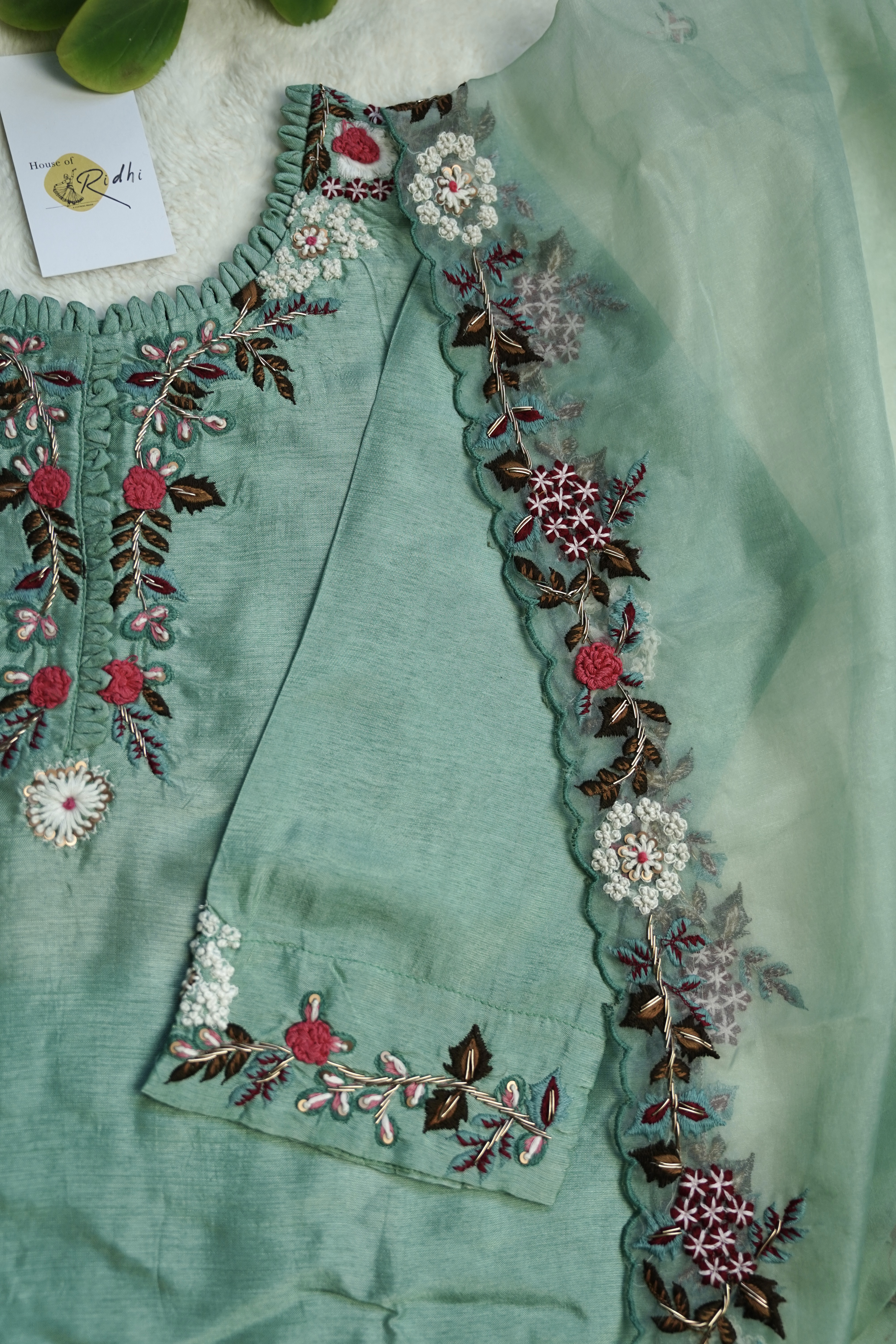 Sea Green Bullion Knot Handwork Suit Set