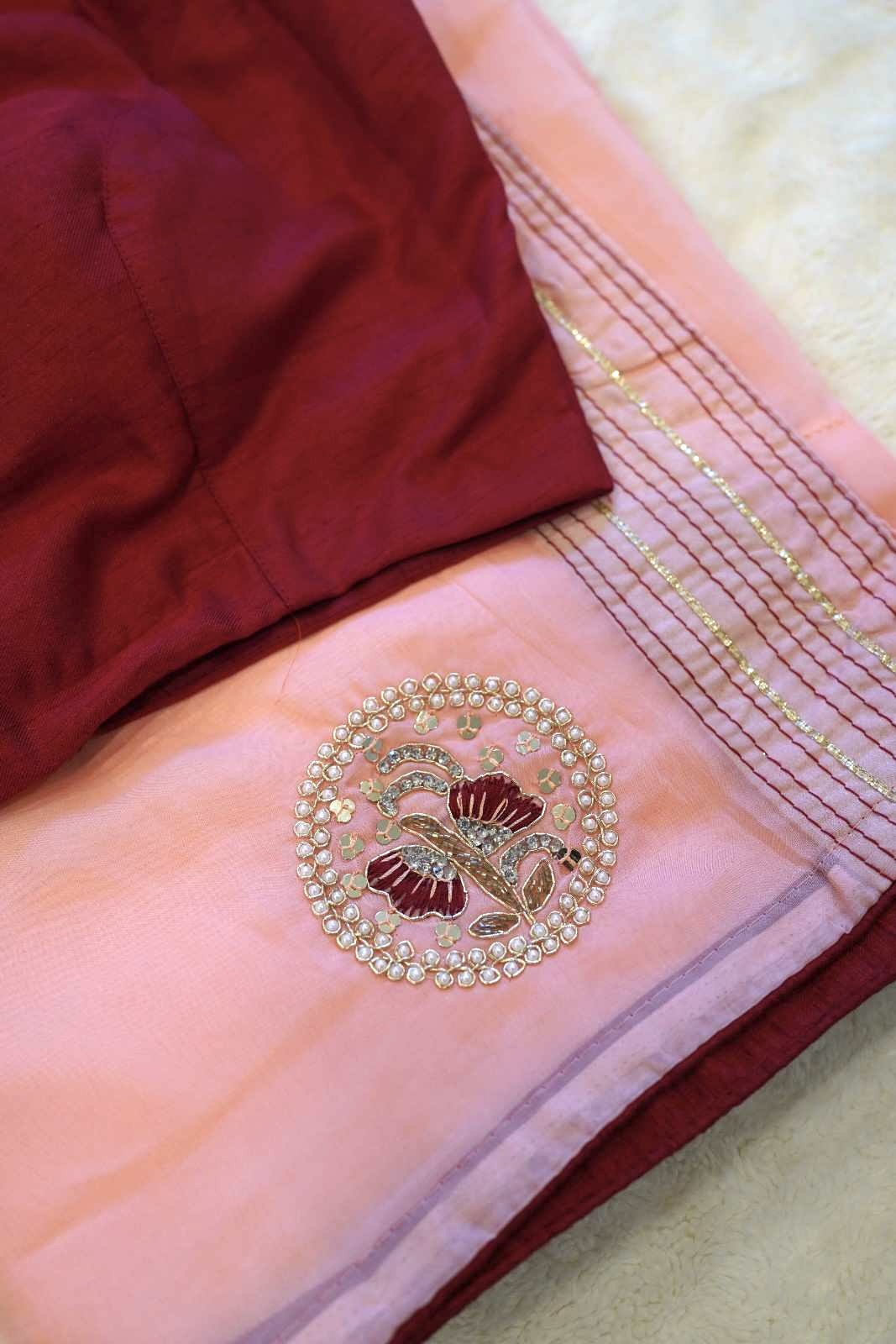 Blush Pink & Maroon Silk Saree with Hand Embroidered Detailing
