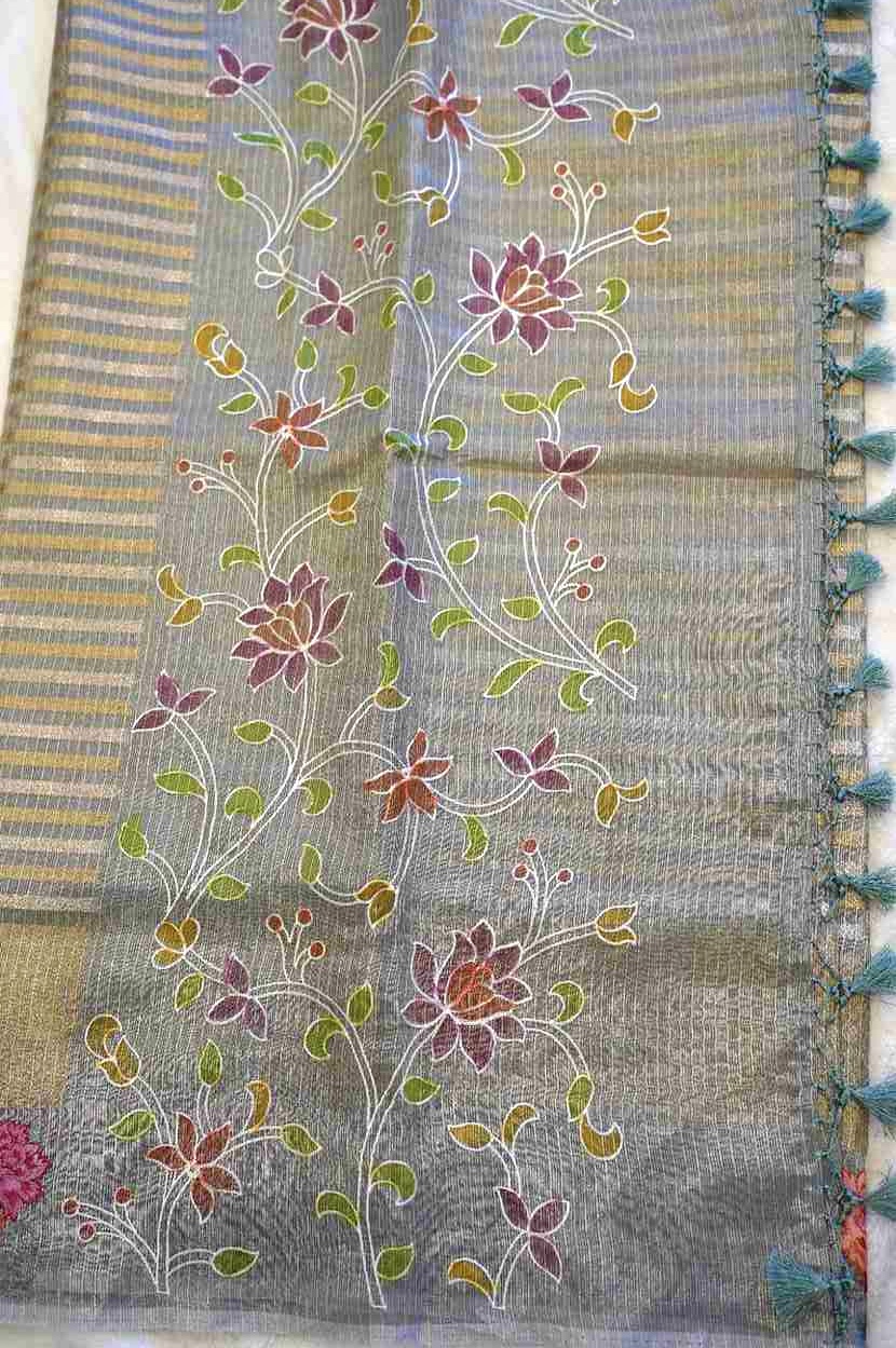 Silver & Gold Tissue Saree with Crochet Embroidery and Painted Style Pallu (Only Saree)