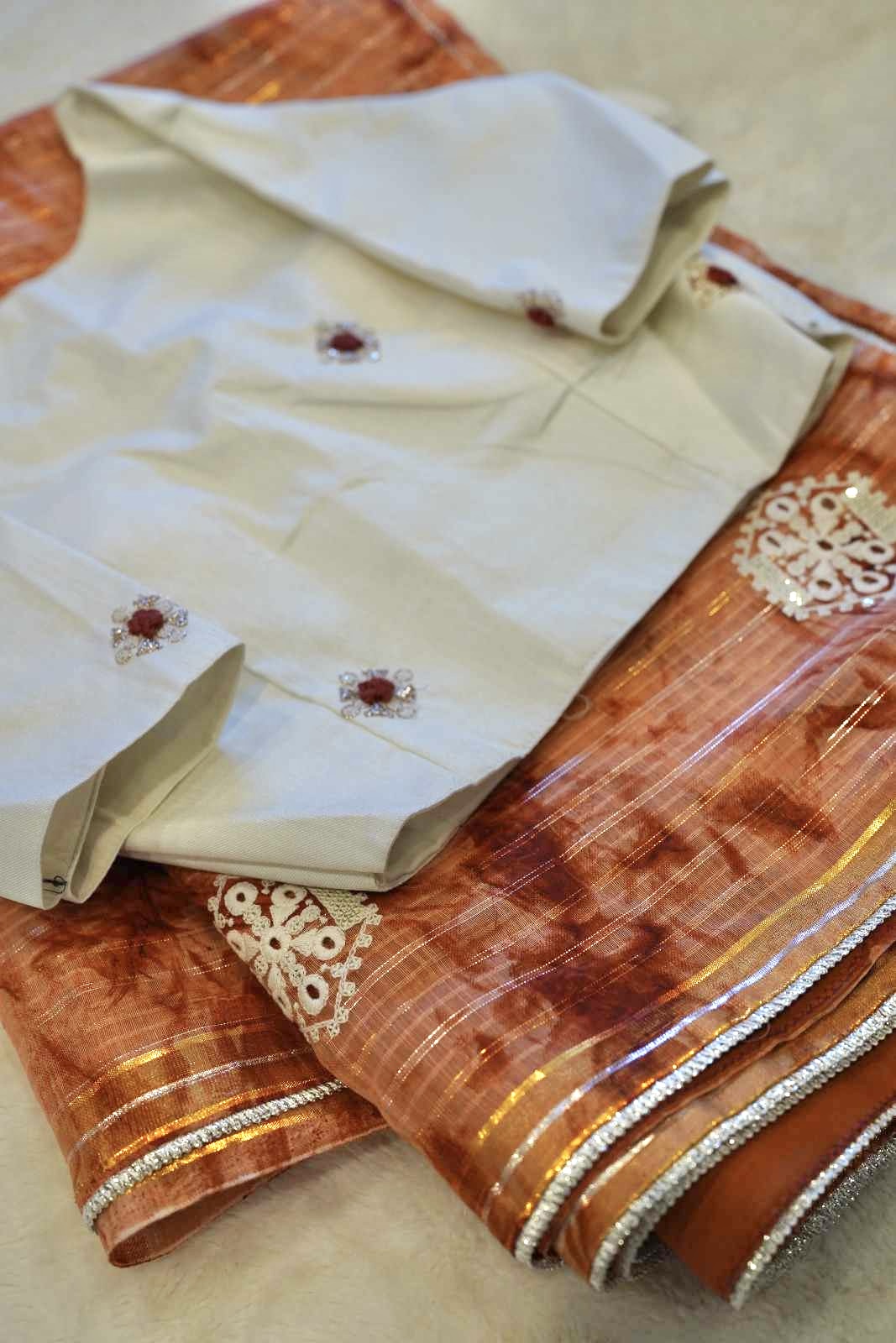 Brown Shibori Cotton Blend Saree with White Blouse