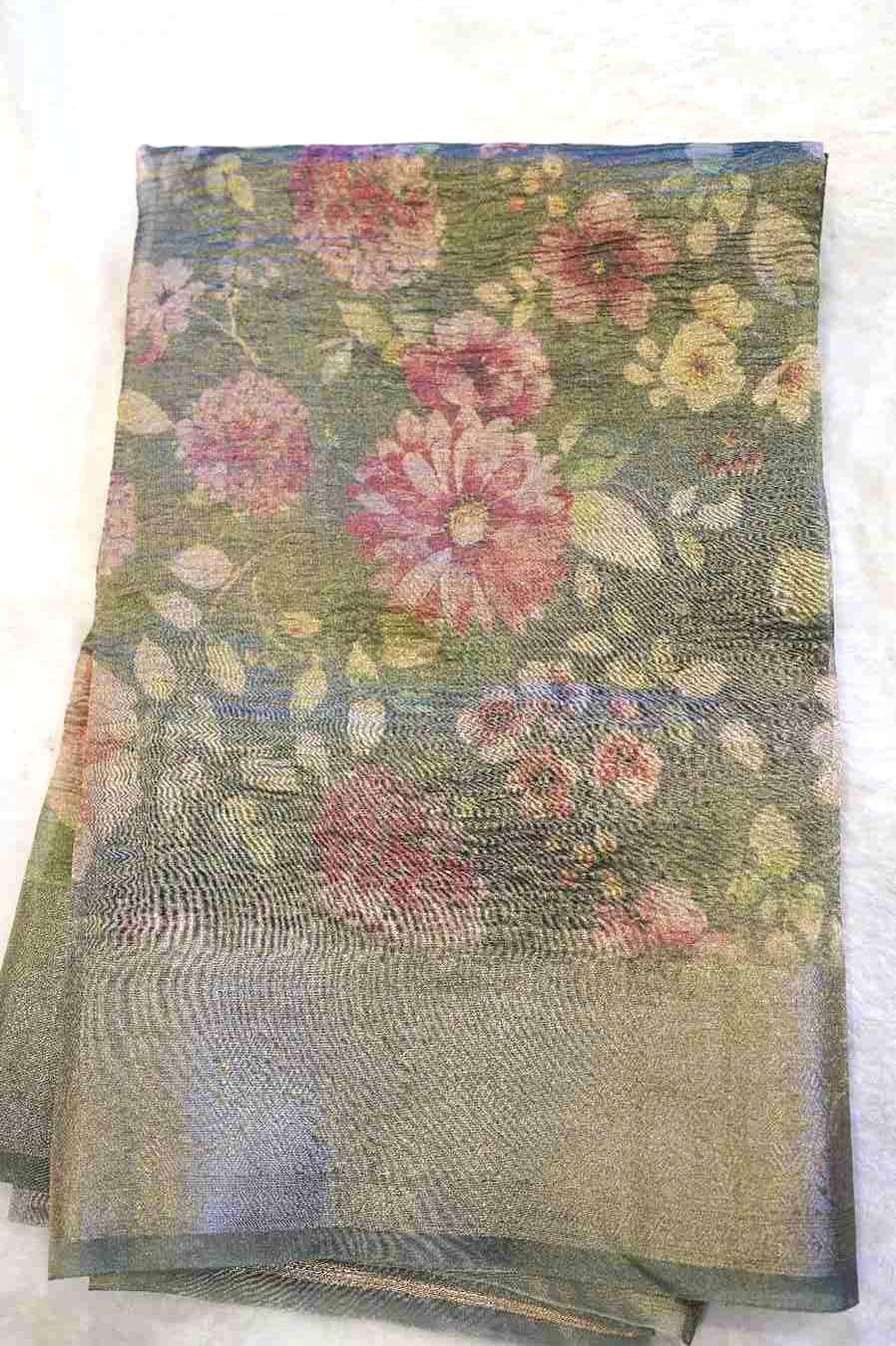 Bottle Green Crushed Floral Saree with Banarasi Border