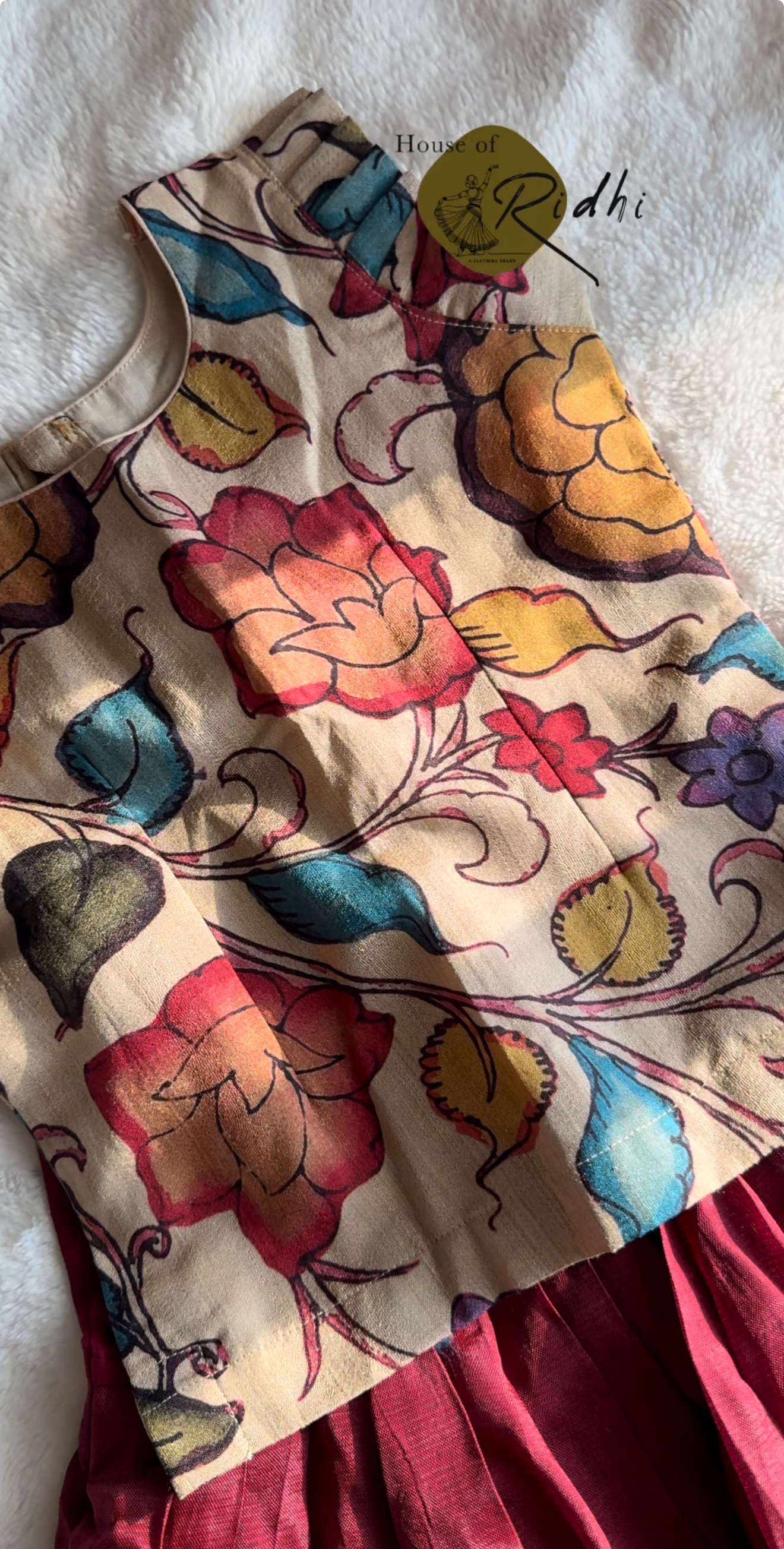 ✨ Kids Pattu Pavada – Pure Chanderi Kalamkari Top paired with Pure Mangalgiri Bottom ✨