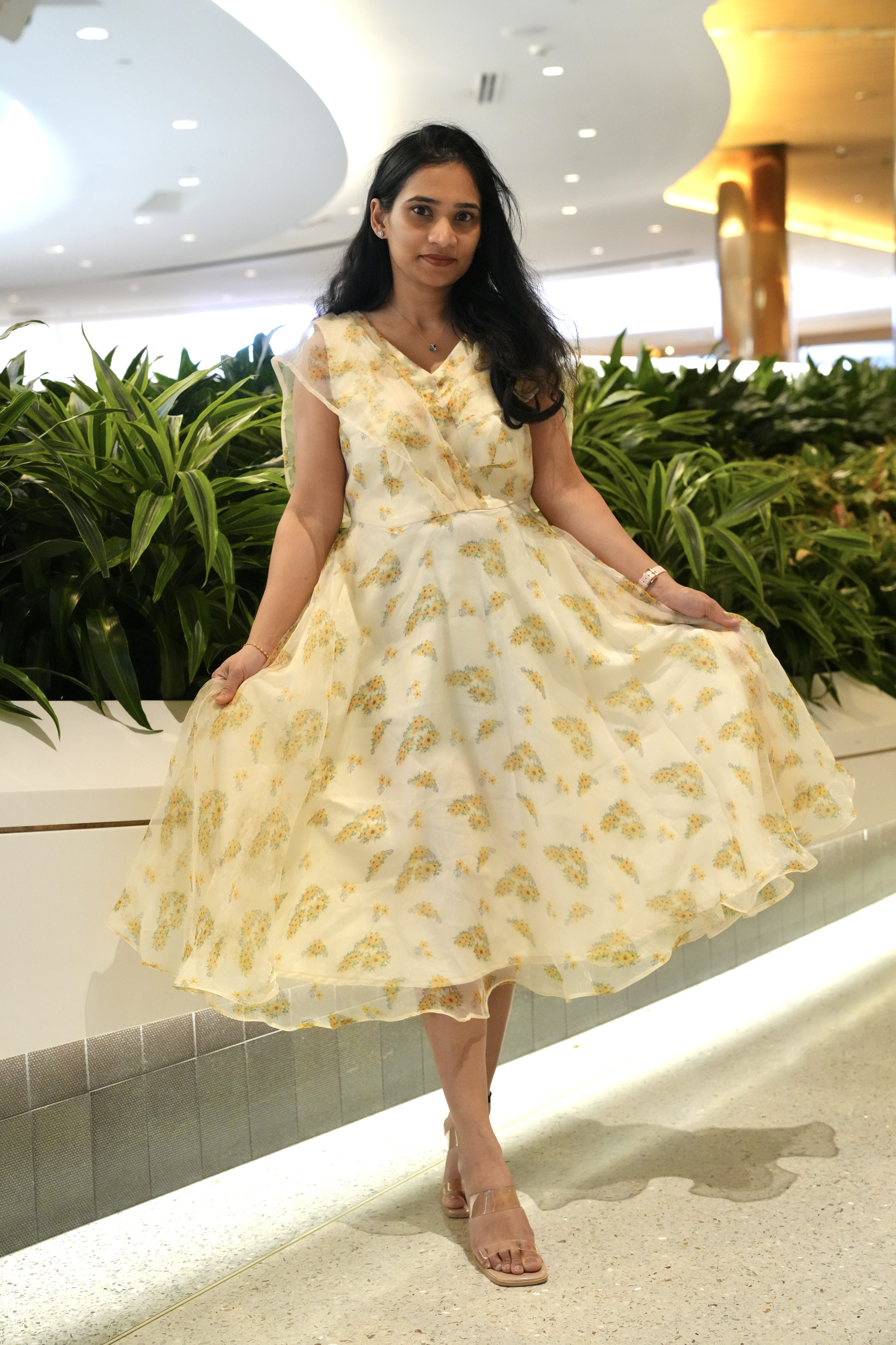 Sun-Kissed Elegance | Cream Organza Dress with Modern Neckline