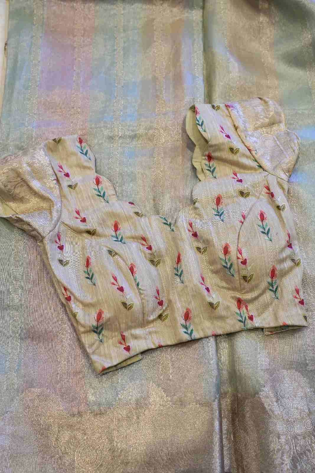 Pastel Blue & Pink Tissue Shimmer Saree with Banarasi Zari Border & Appliqué Pallu