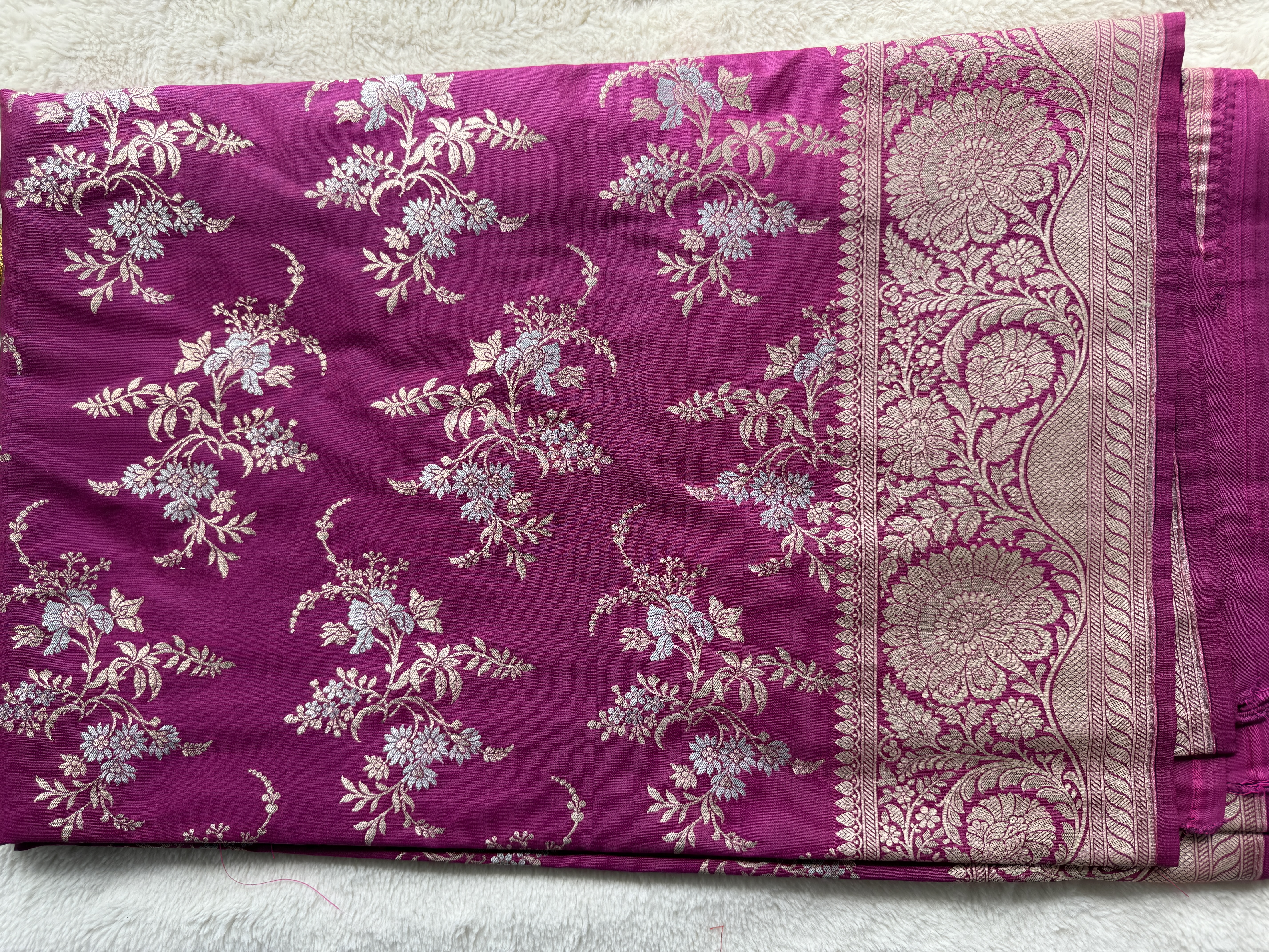 Banarasi Katan Silk Saree – Rose with Silver & Gold Meenakari