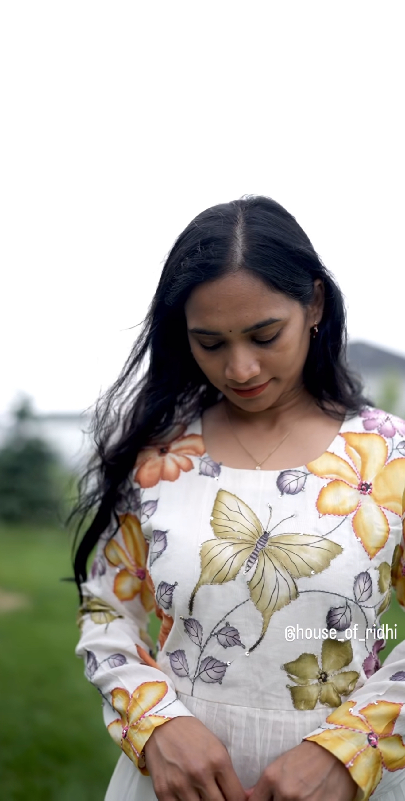 Hand-Painted Mul Cotton Frock with Kantha & Sequin Detail