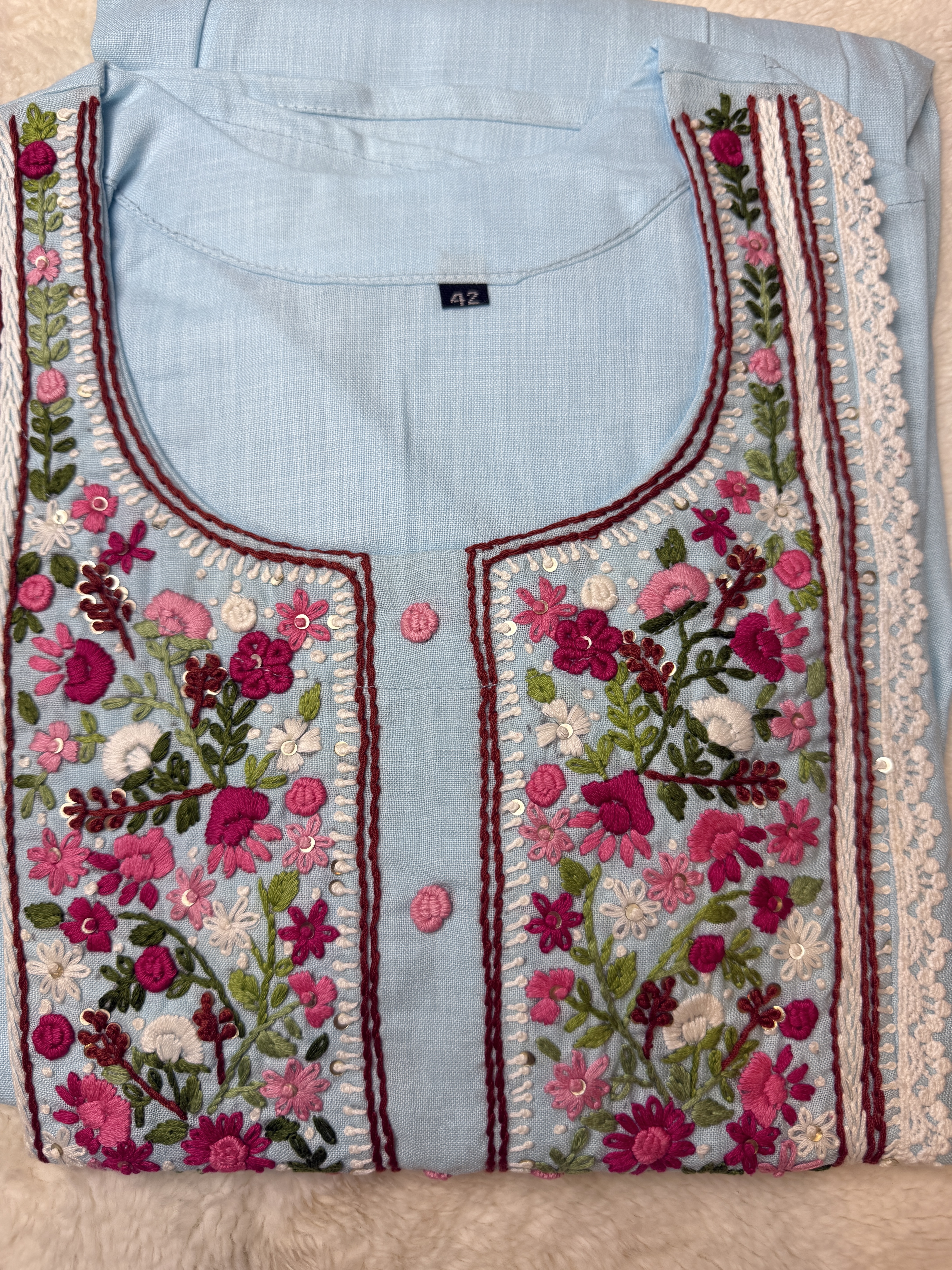 Pure Organic Cotton Hand Embroidered Light Blue Frock