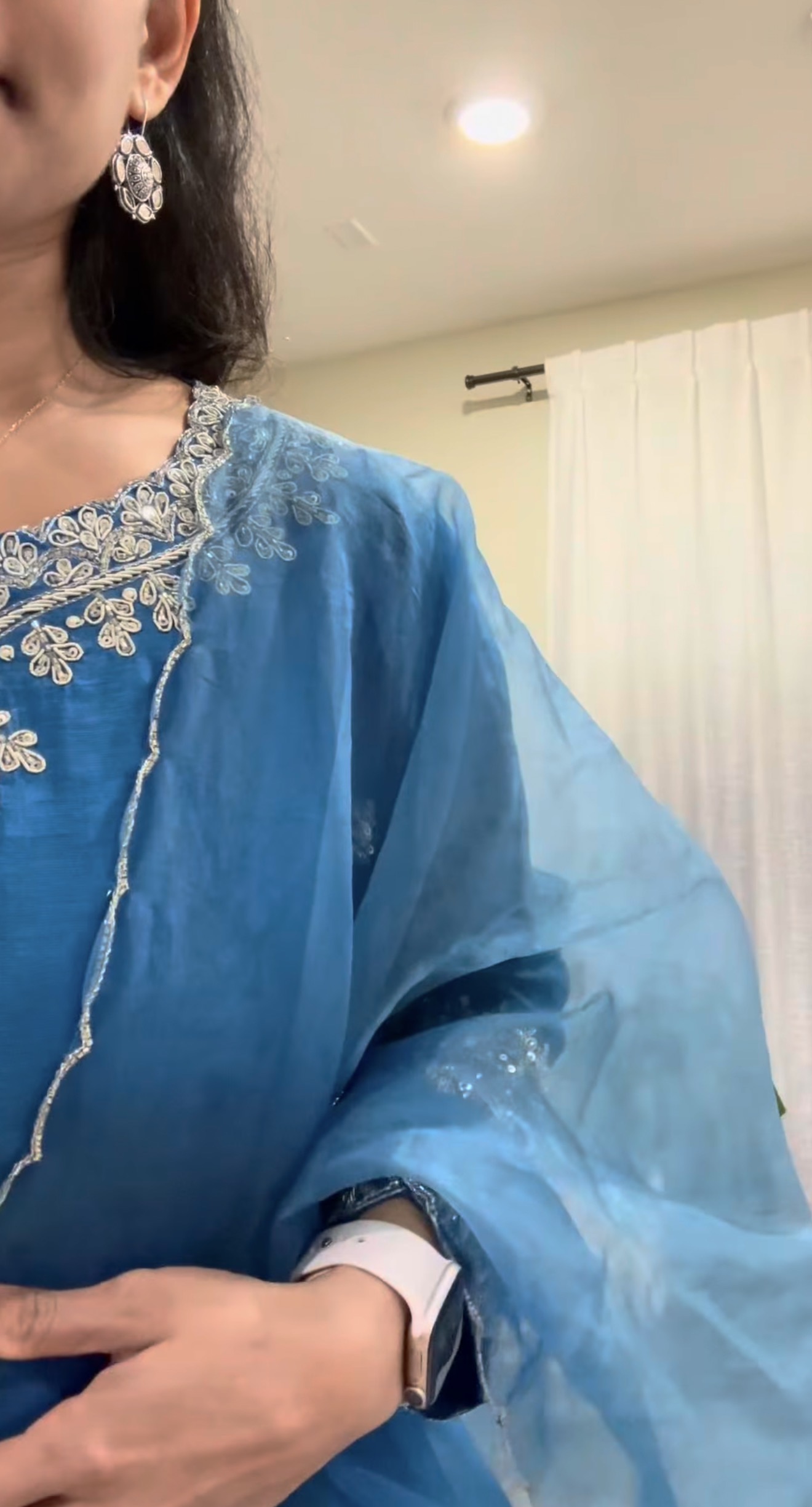 Rich Blue 3 PC Suit Set with Silver Zardosi & Scalloped Detailing