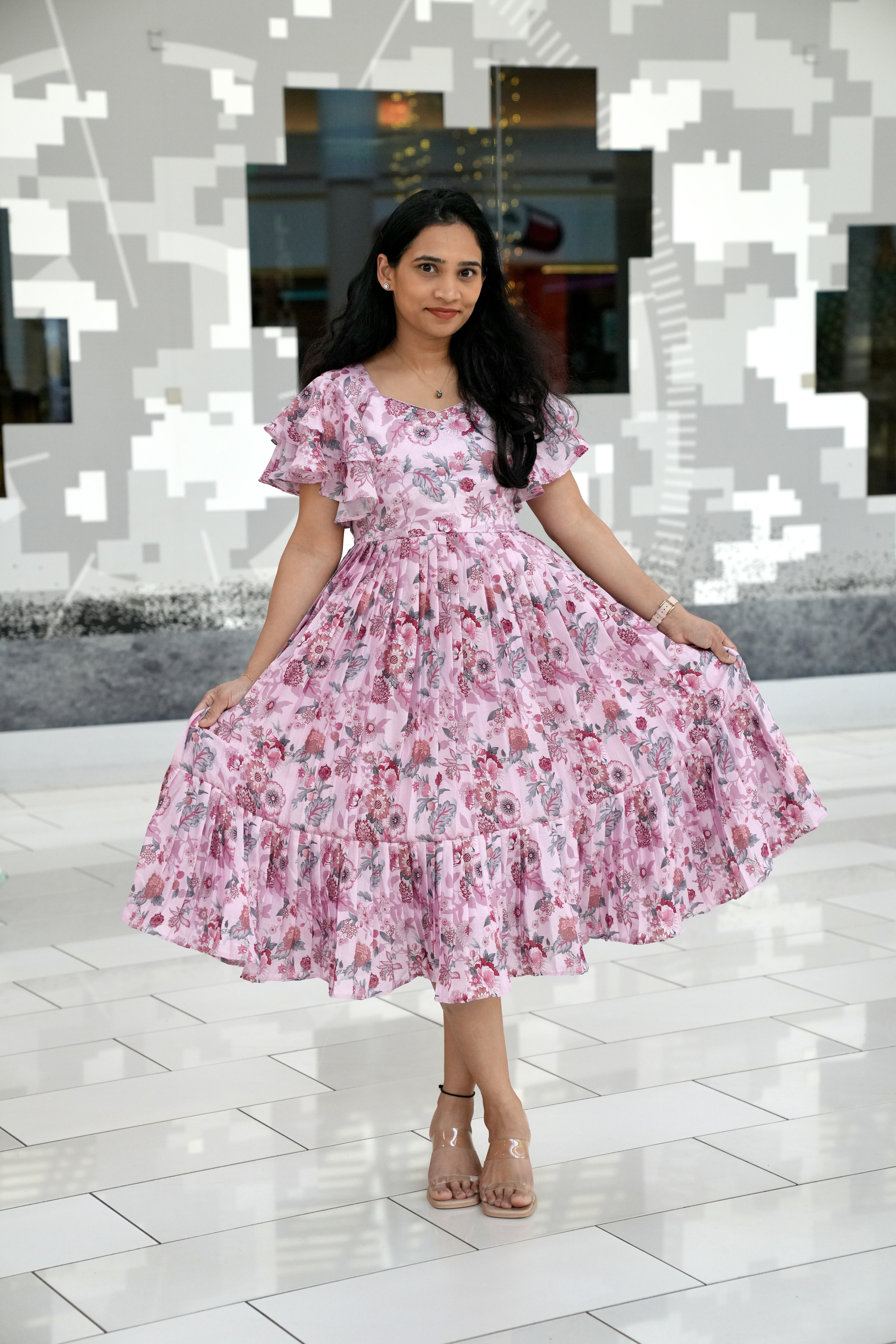 Pastel Pink Floral Chinnon Summer Frock with Ruffle Sleeves