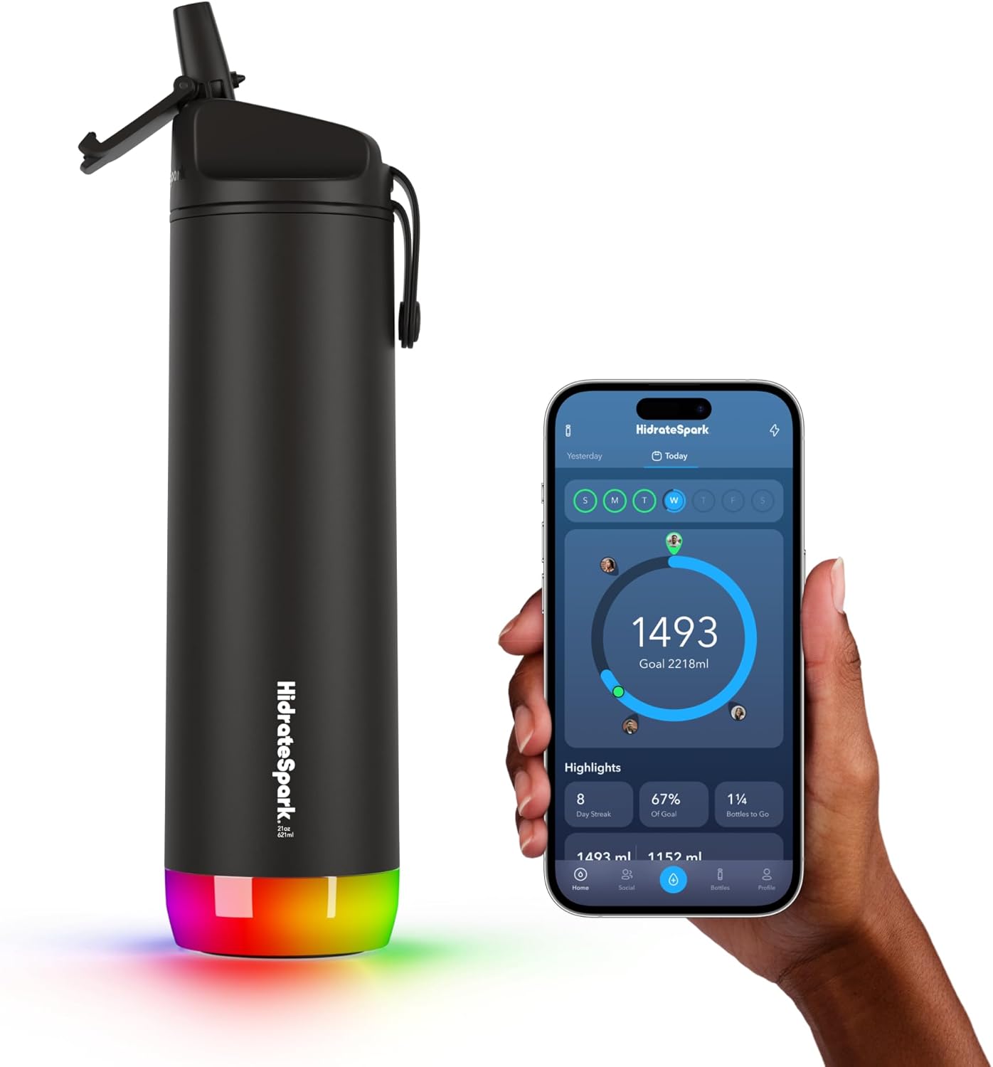 Hidrate Spark PRO Smart Water Bottle – Insulated Stainless Steel – Tracks Water Intake with Bluetooth, LED Glow Reminder When You Need to Drink – Straw Lid, 21 oz