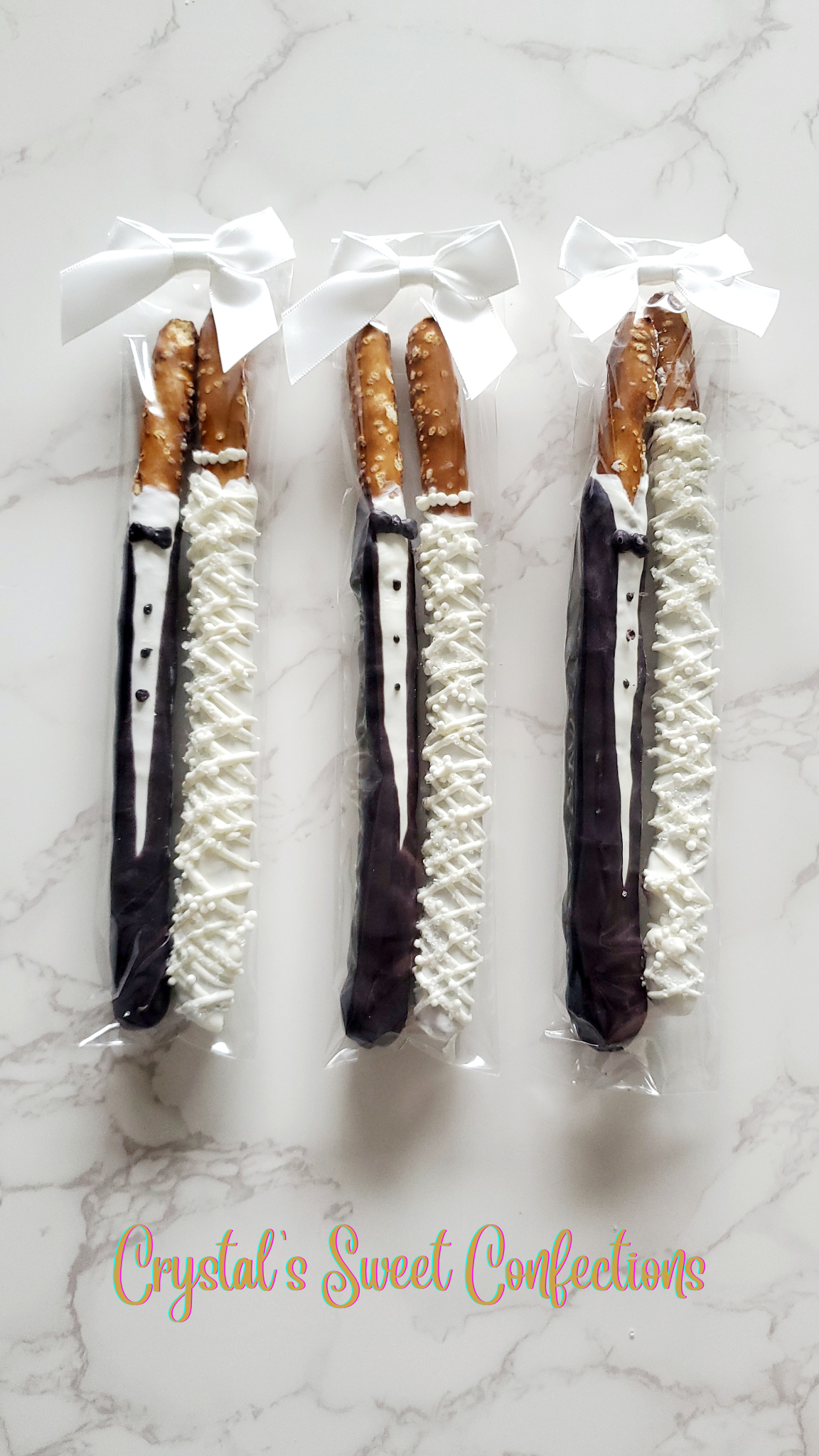 Wedding Favor Bride & Groom Chocolate Dipped Pretzel Rods