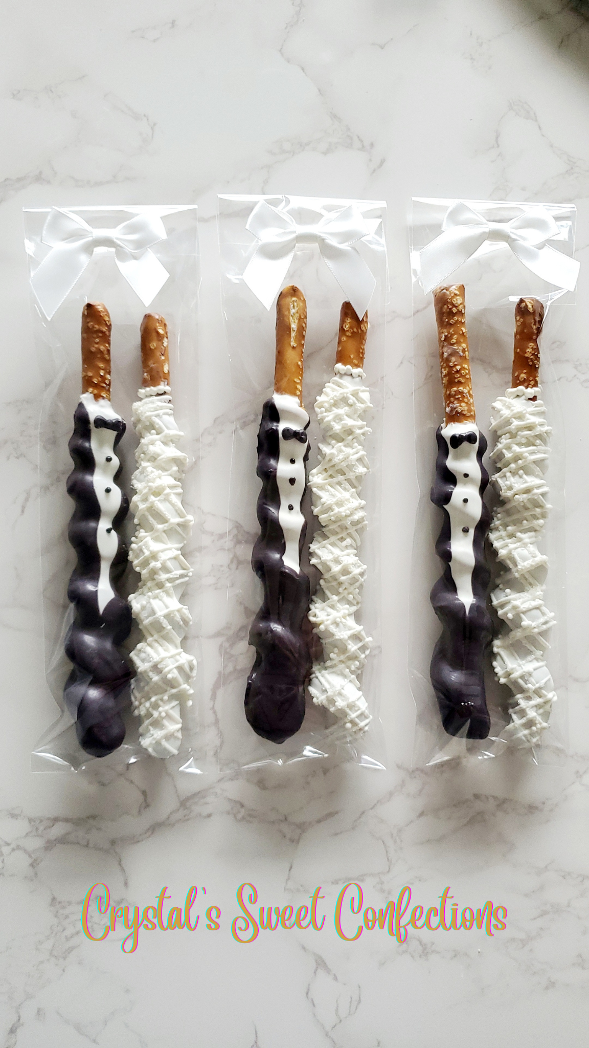 Wedding Favor Bride and Groom Caramel Wrapped Chocolate Dipped Pretzel Rods