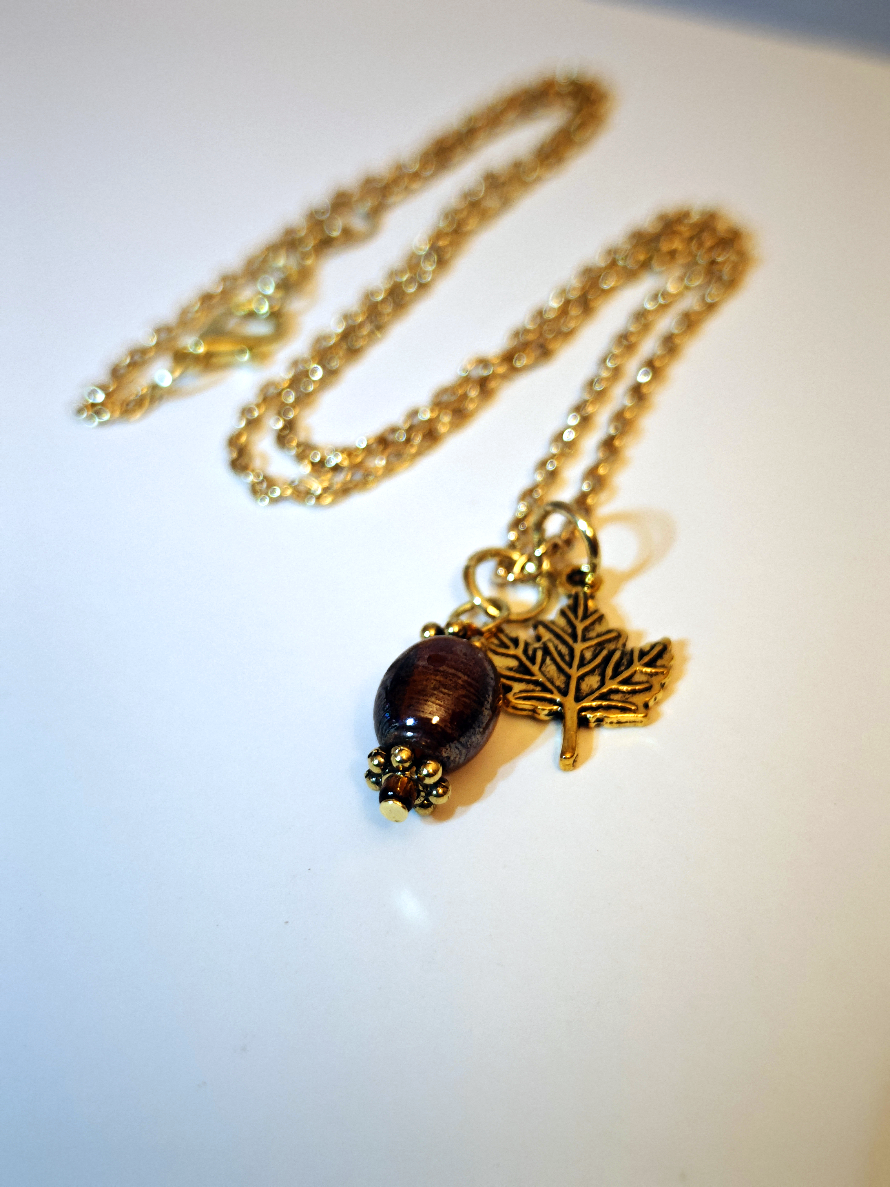 Gold Acorn & Leaf Pendant Necklace