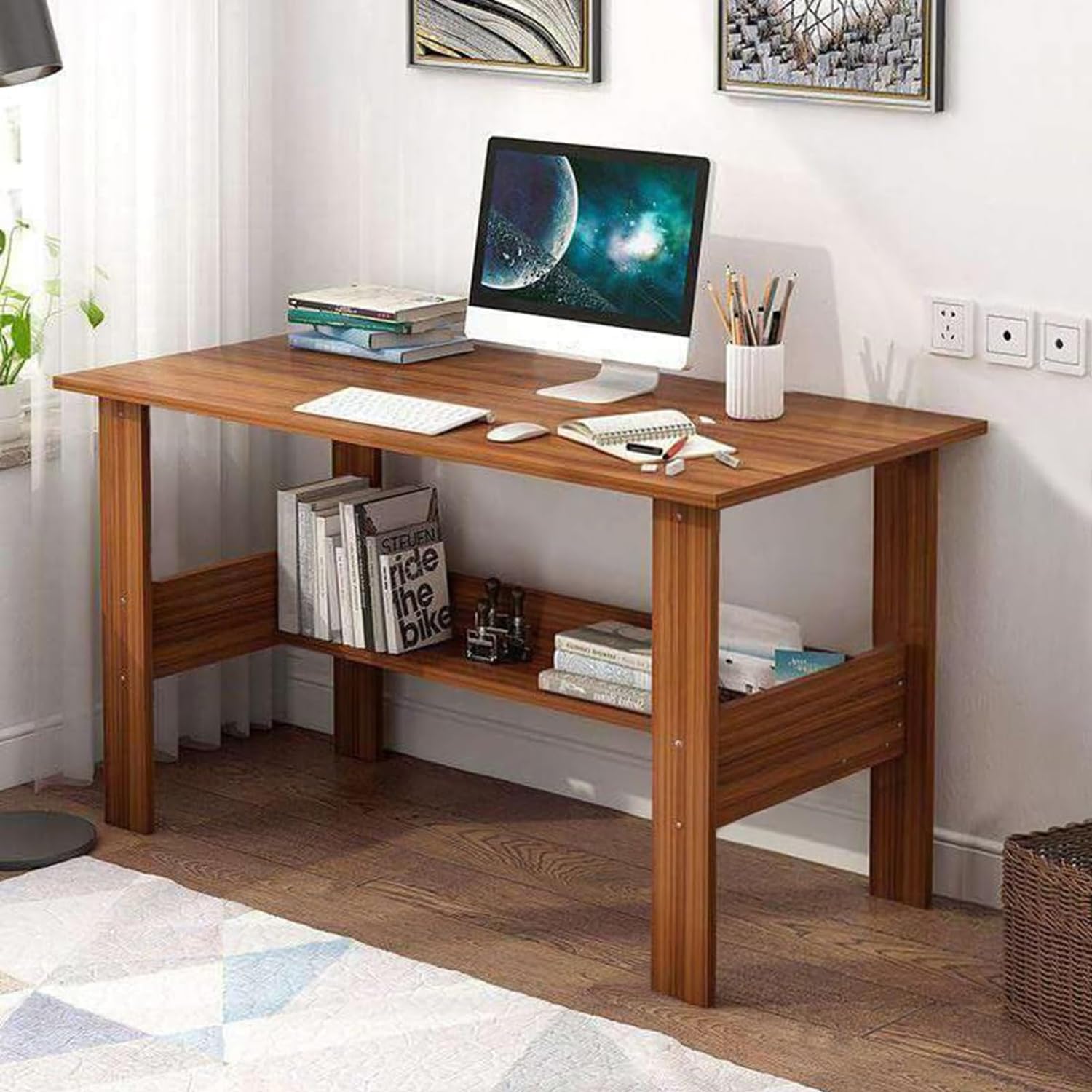 Engineered Wood Computer Desk with One Tier Shelves Laptop Study Table for Office Home Workstation Writing Modern Desk (ST-004/Oak Brown / 90 x 50 x 77 cm)