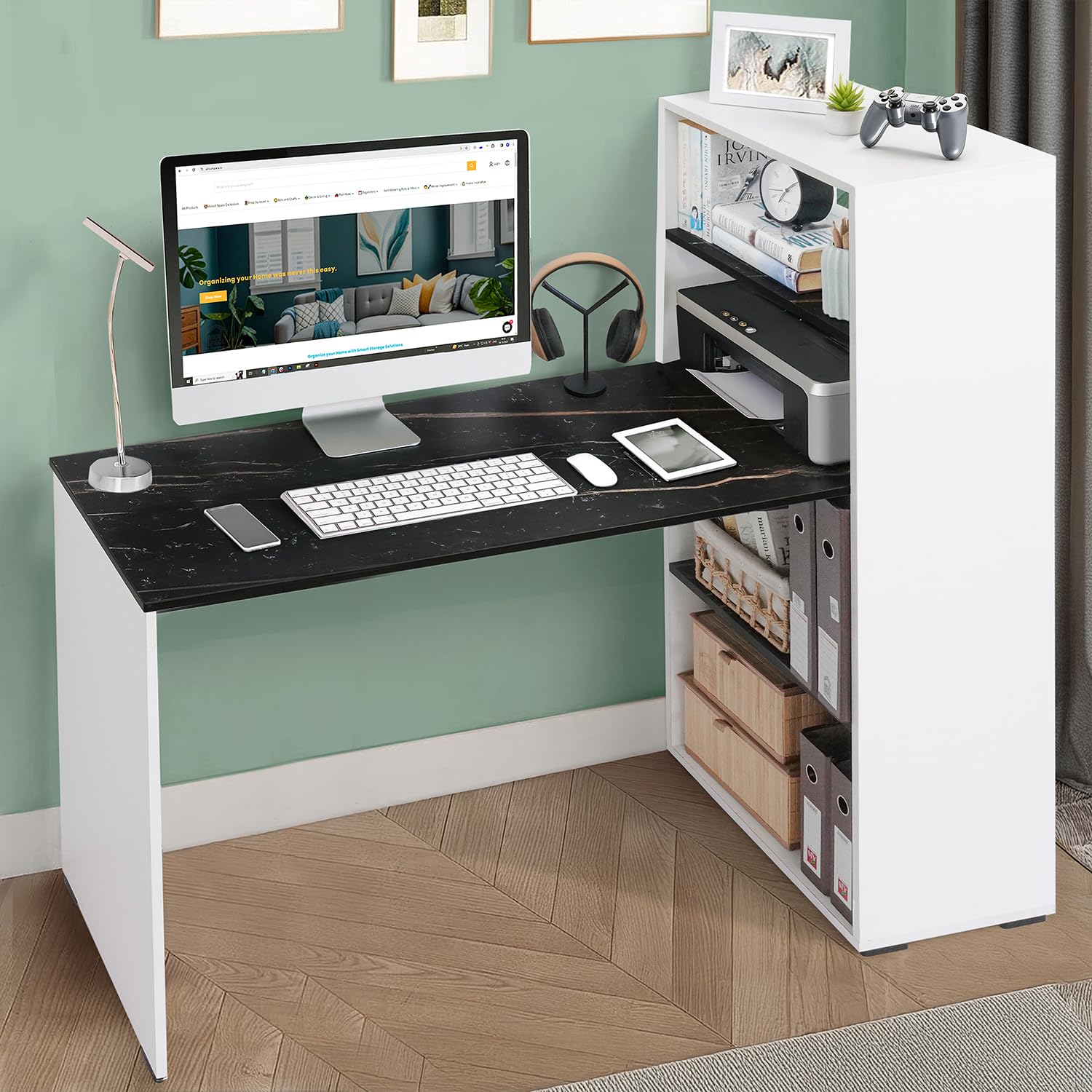 Study Table with 4 Tier Book Shelf - Computer Table with Storage for PC, Laptop & Writing DIY Engineered Wood Office Table for Home [White & Black Marble 