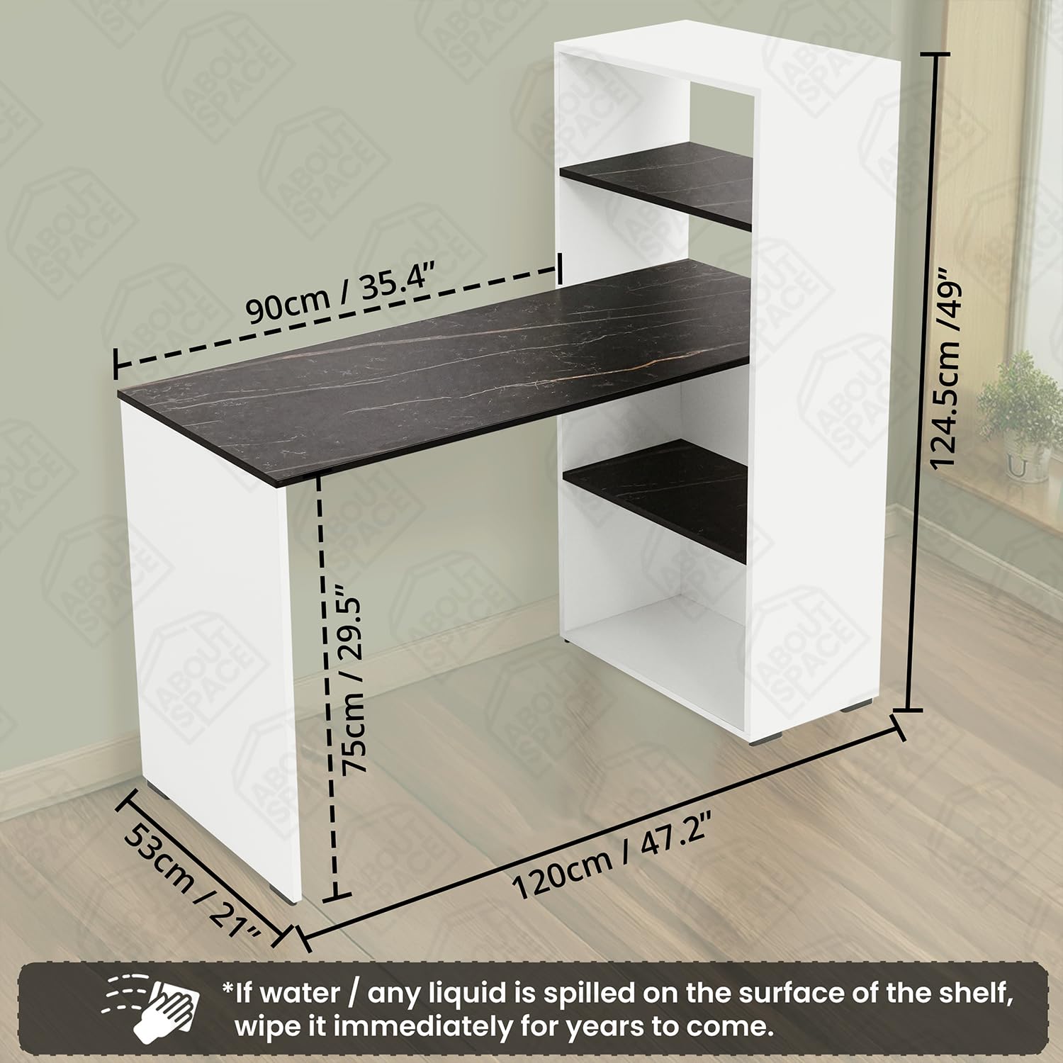 Study Table with 4 Tier Book Shelf - Computer Table with Storage for PC, Laptop & Writing DIY Engineered Wood Office Table for Home [White & Black Marble 