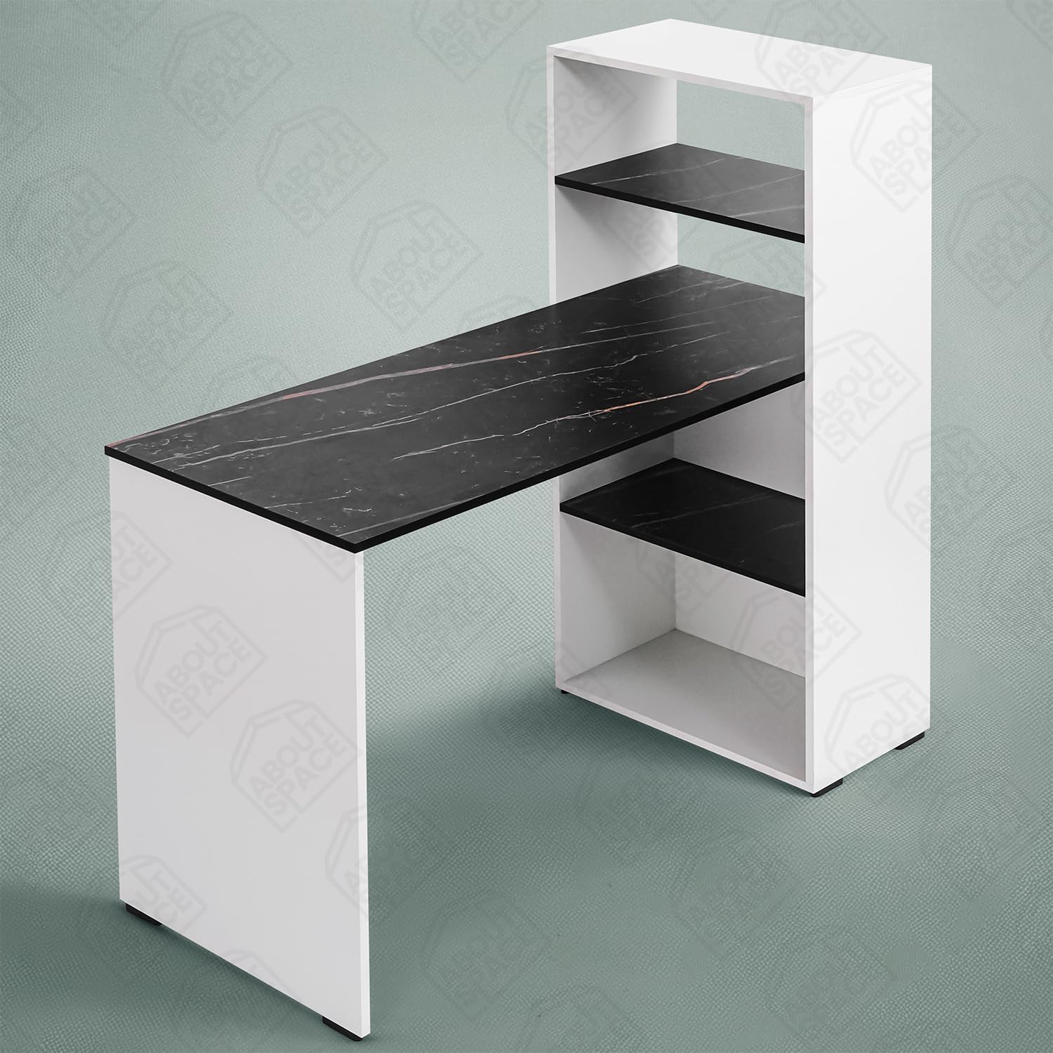 Study Table with 4 Tier Book Shelf - Computer Table with Storage for PC, Laptop & Writing DIY Engineered Wood Office Table for Home [White & Black Marble 