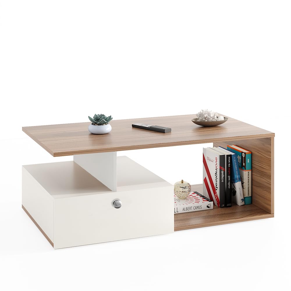 Table with Storage, Tea, Coffee Table for Living Room, Engineered Wood, Matte Finish