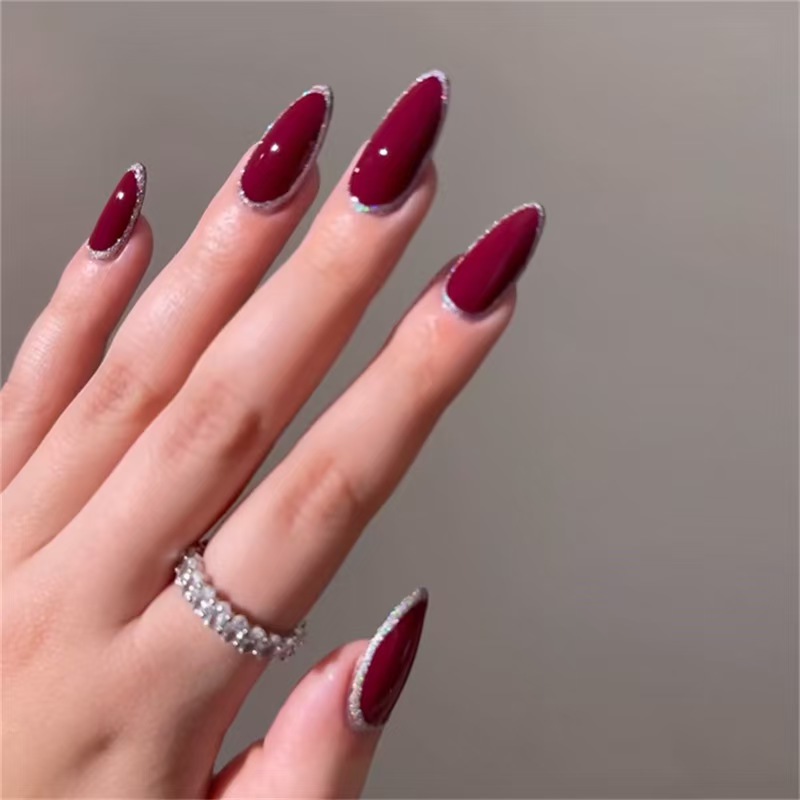 Pure color cherry crimson wear long white silver glitter nail stickers one size removable fake nail stickers