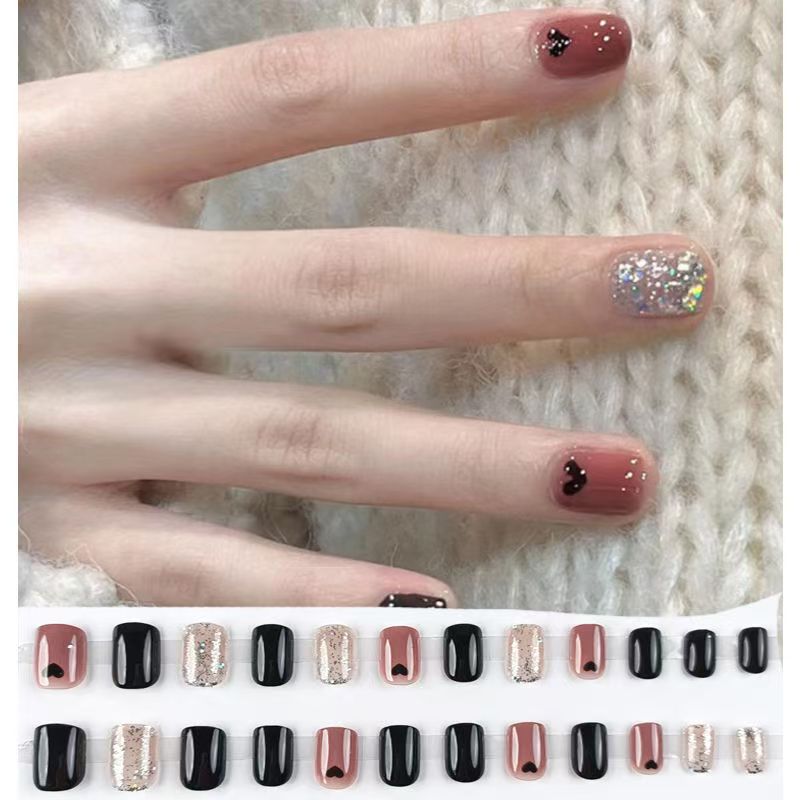 Whitening new style flash wearable nail piece short versatile black heart nail art stickers sweet cool girl style false nails