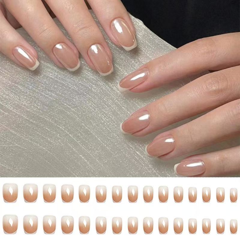 Square nails pearlescent shimmer French blush nails simple and fashionable high-end