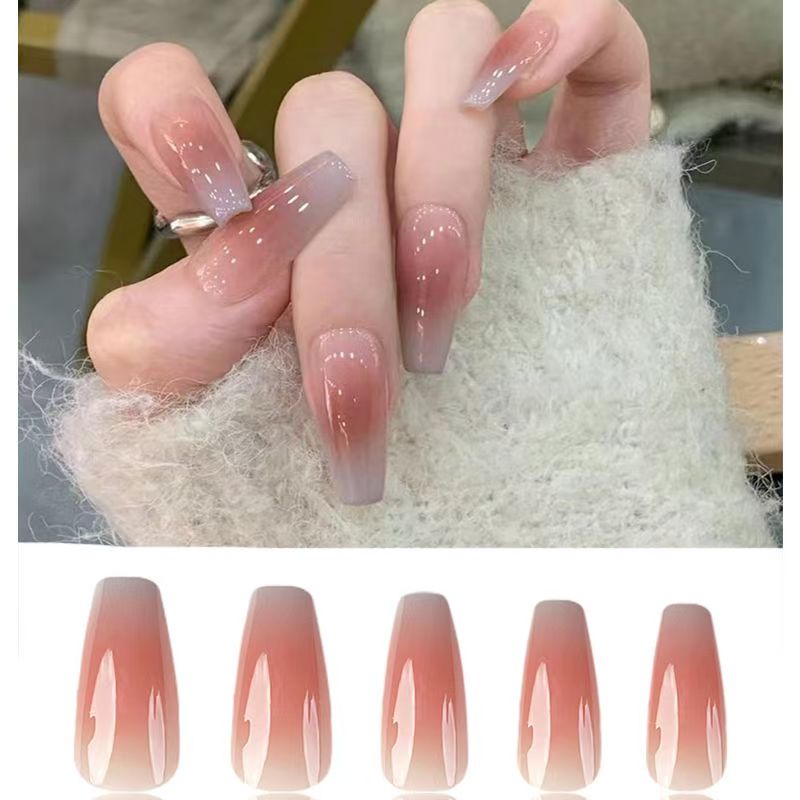 Long solid color hand-made wearable nail piece high-grade Maillard smudged ice-transparent wearable false nail finished product