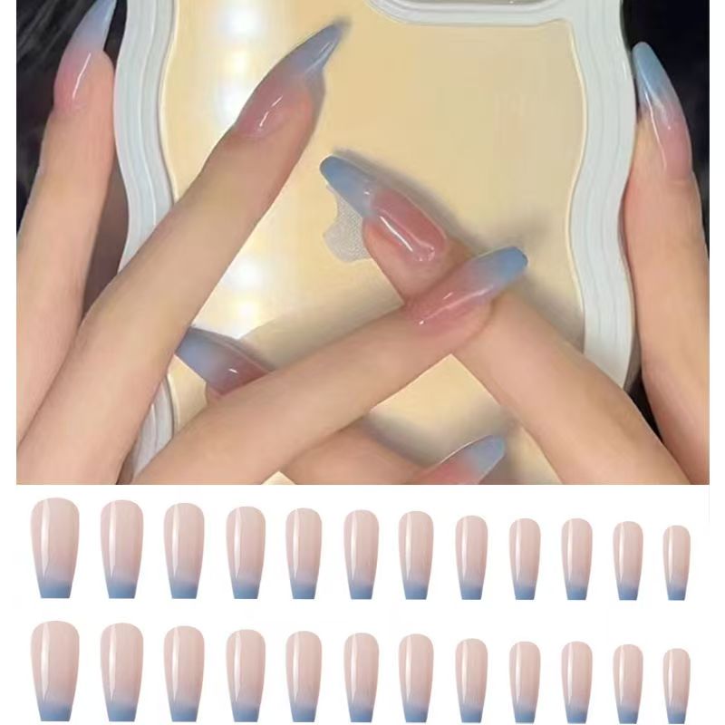 Simple gradient light blue nail art patch finished product wearable long ballet nail detachable false nail