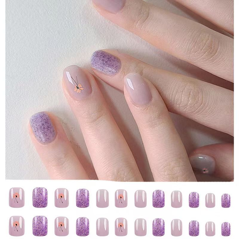 Simple purple and pink flower nail art piece Whitening flashing detachable nail stickers Wearable short nail art finished product