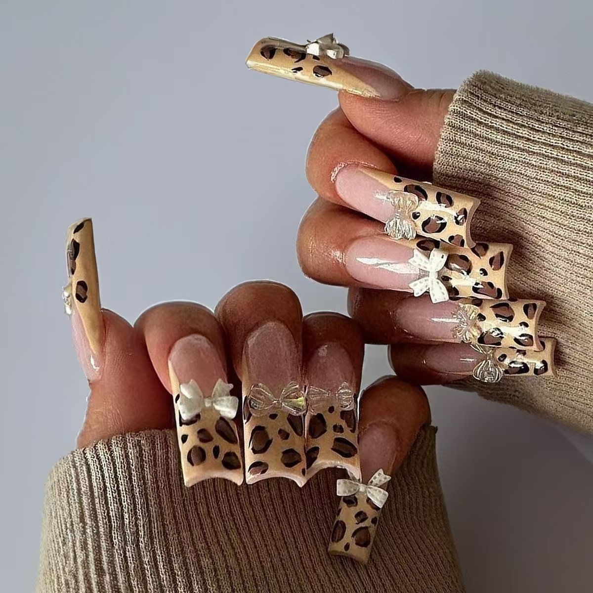 Nail Art Patches French Leopard Bow Wearable Nail Patches Long Nail Patches