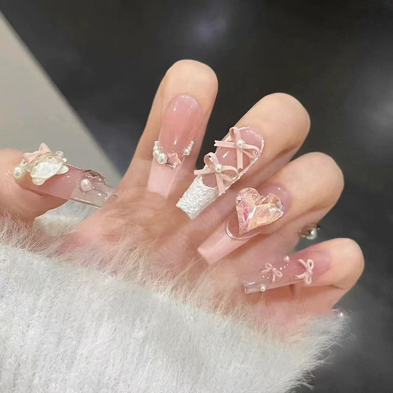 Purely hand-made wearable nails sweetheart bear ballet ribbon bow French style high-end niche whitening nail art patches