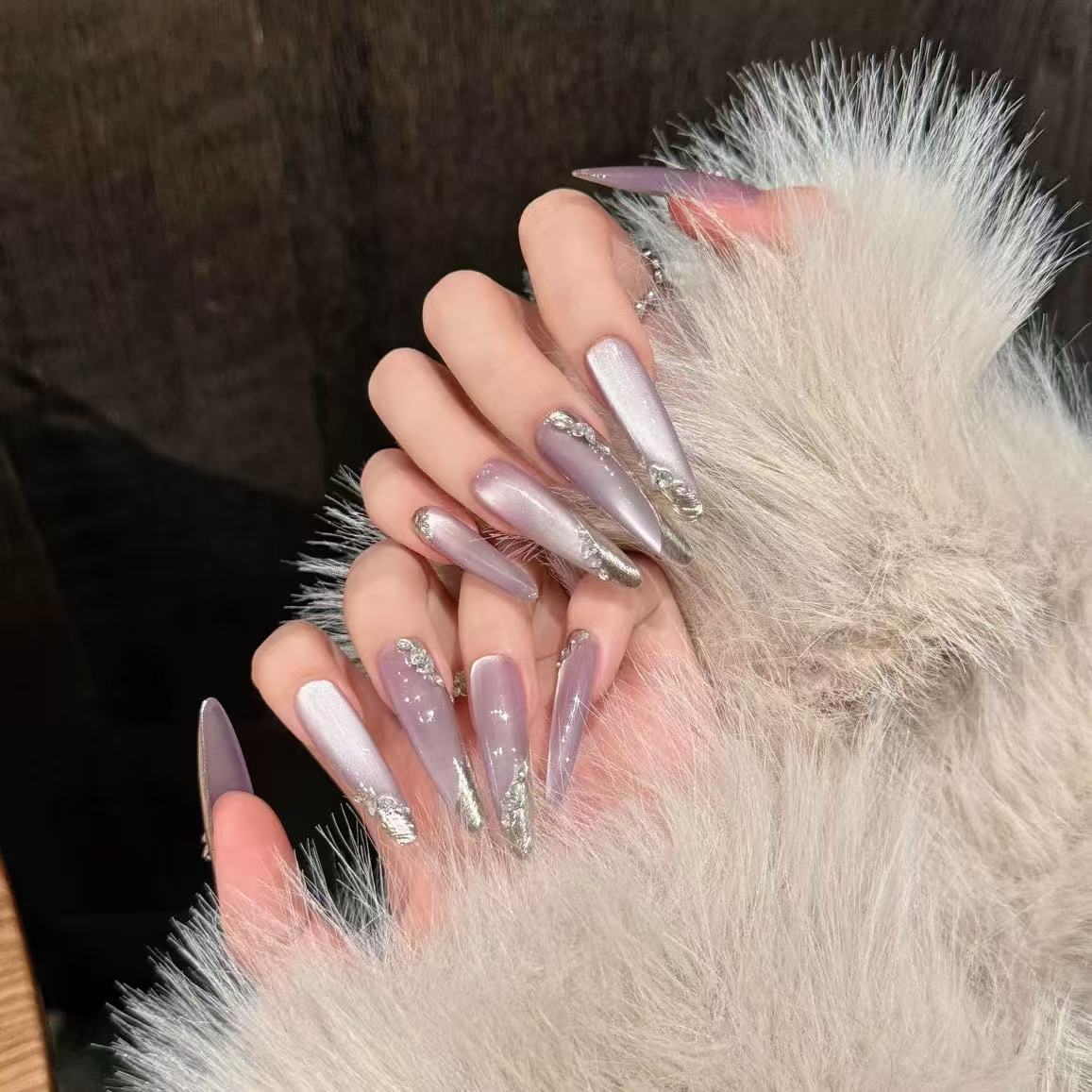 High-end handmade flashing cat's eye temperament super long pure handmade wear nail light luxury white fairy European and American false nails