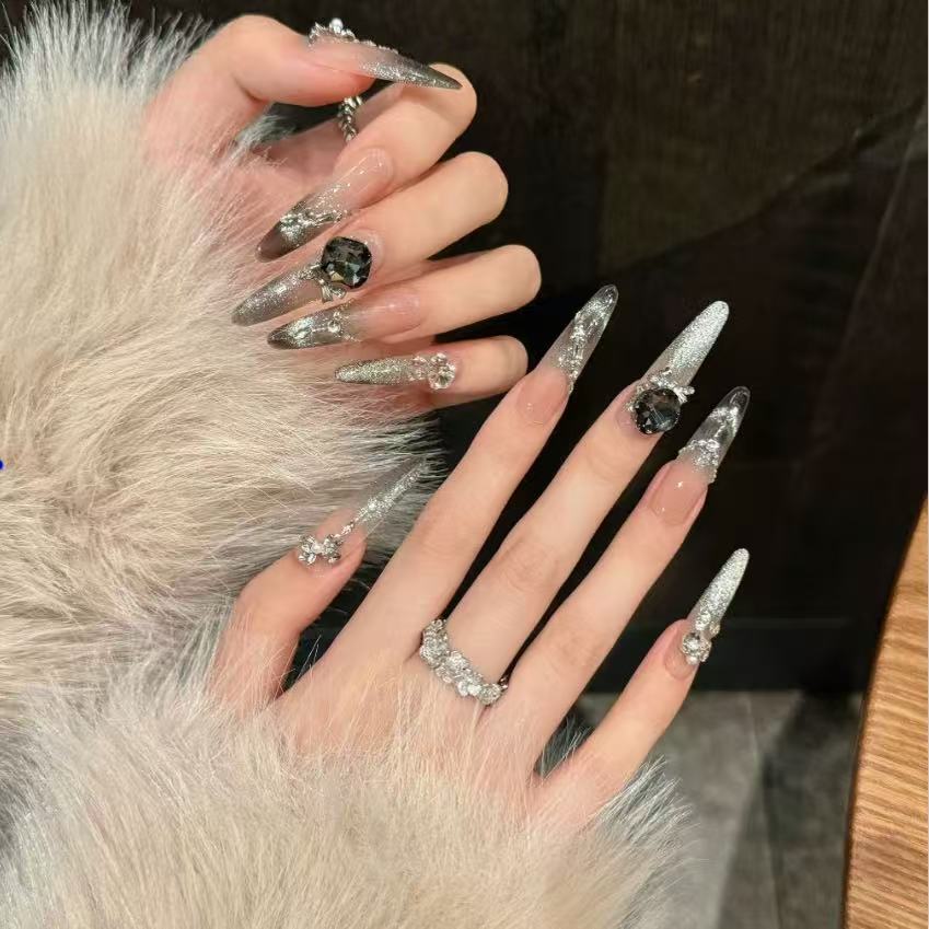 New autumn and winter temperament dark cat eye French pointed nail art light luxury flash white pure handmade wear nail elegance