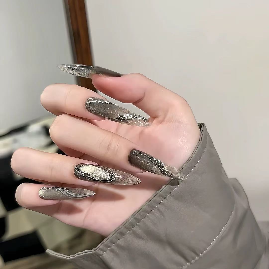 Handmade black glazed metallic silver cat's eye magic mirror powder nail art wearable nail spring and summer long style high-end whitening