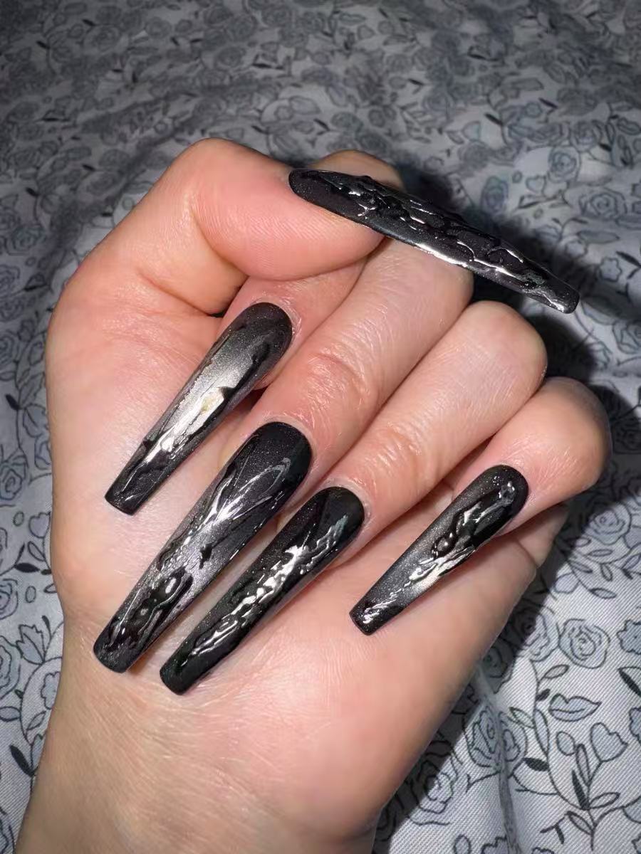 Manicure wear nail black silver hand-painted handmade glass beads cat's eye dark series original design 4.0